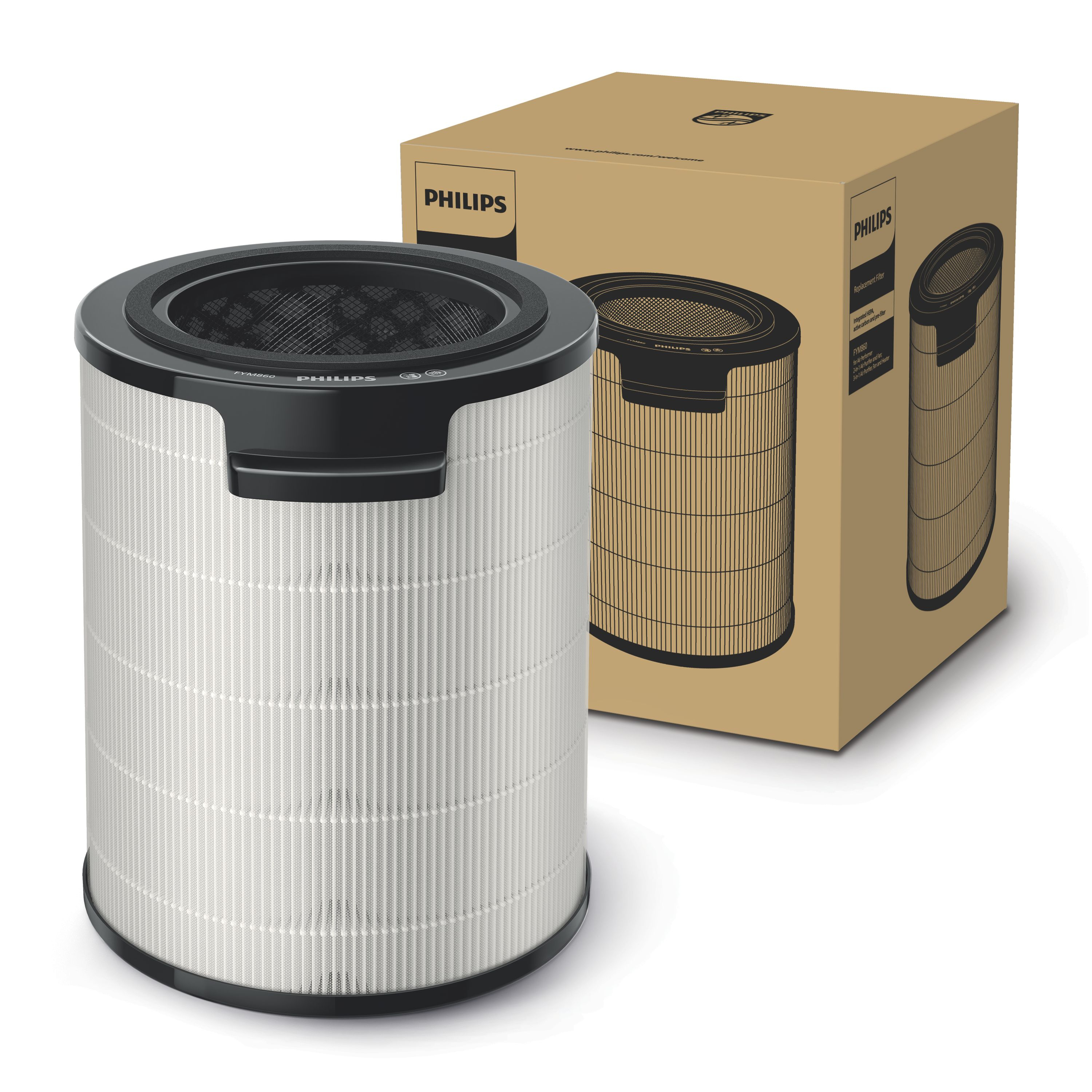 Un filtro aria cilindrico con parte superiore e inferiore nere e una scatola Philips.