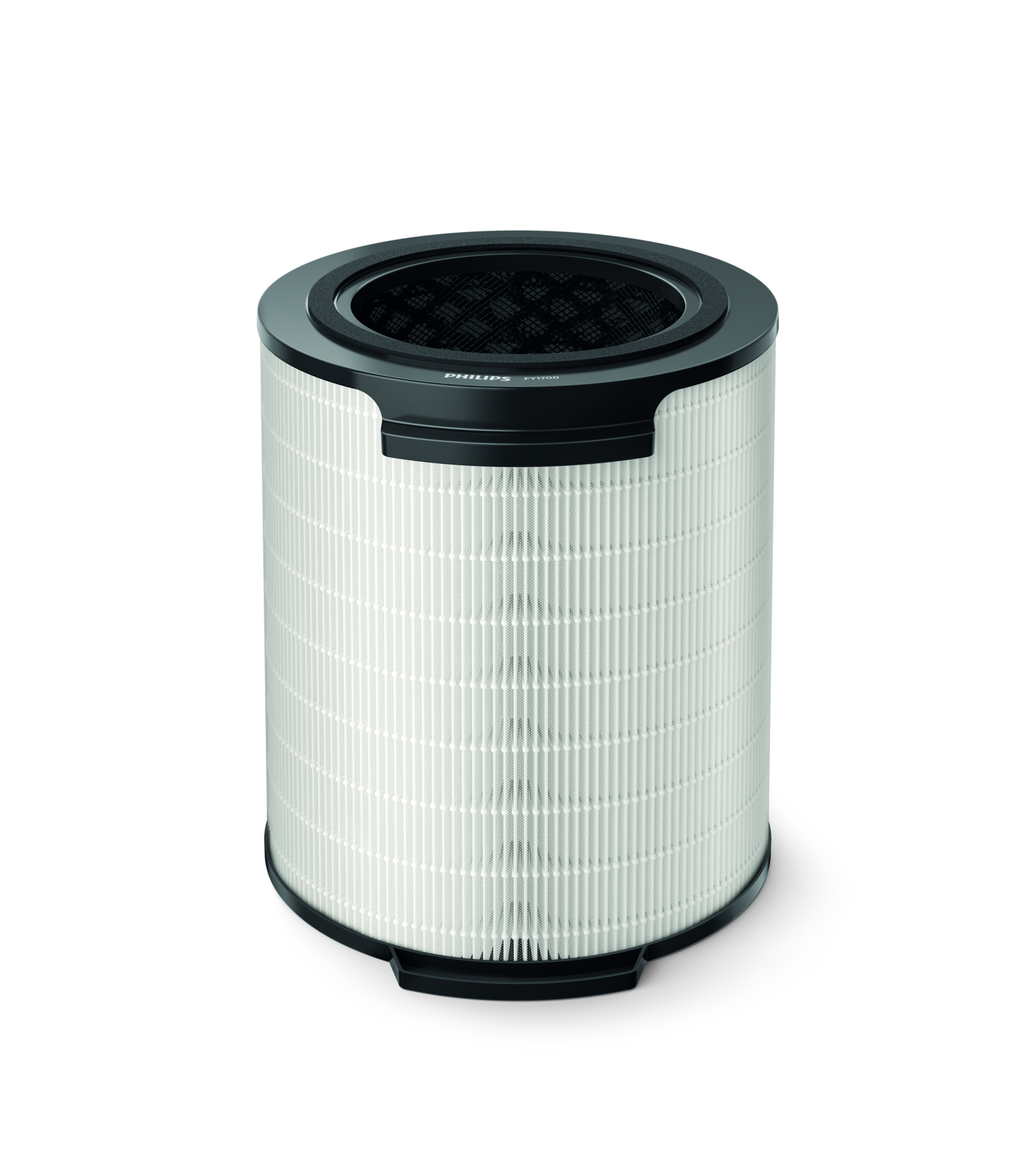 Ein zylindrischer Luftfilter mit schwarzem Ober- und Unterteil, isoliert auf weißem Hintergrund.