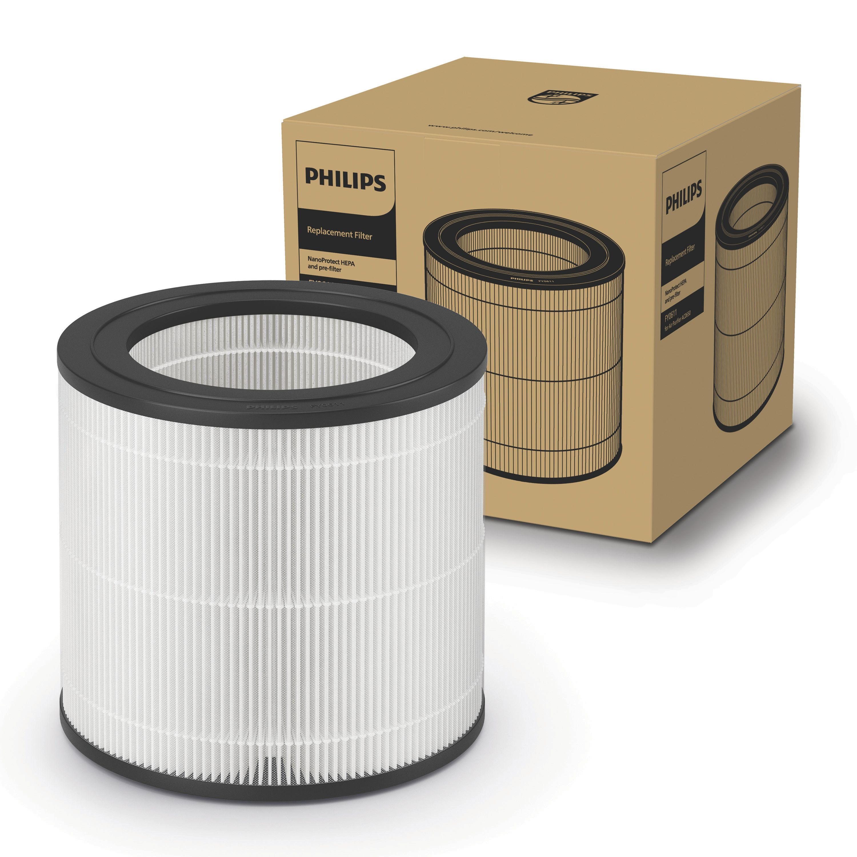 Ein zylindrischer Luftfilter mit schwarzem Ober- und Unterteil neben einer Philips-Box.