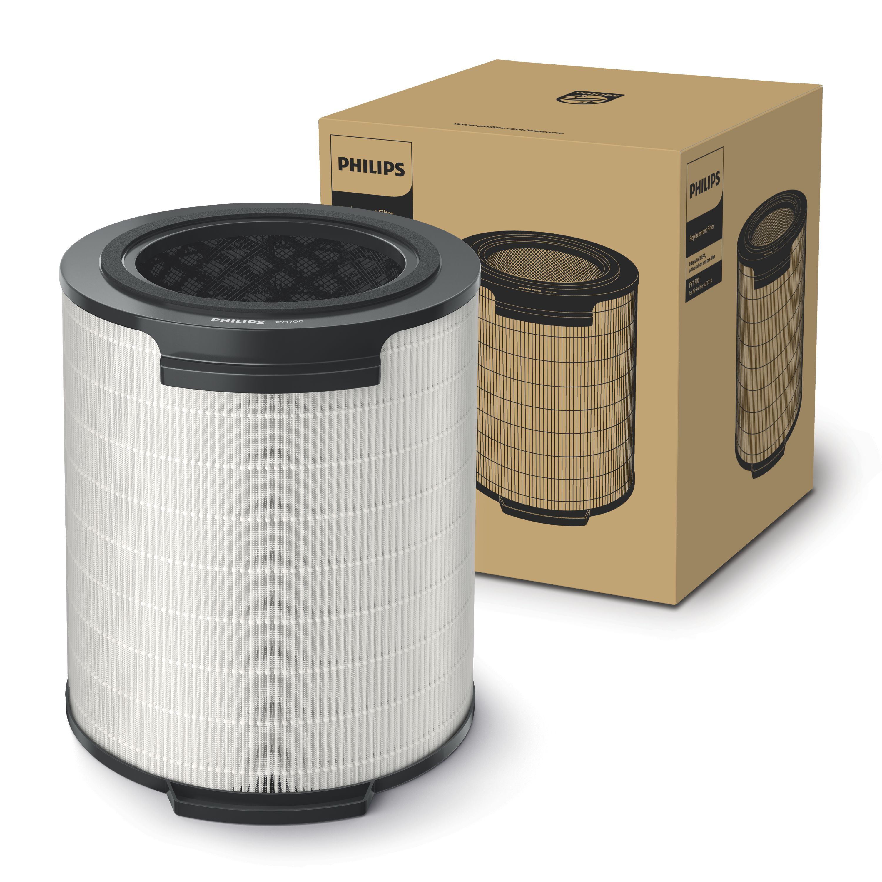Ein zylindrischer Luftfilter mit schwarzem Ober- und Unterteil und eine Philips-Box.