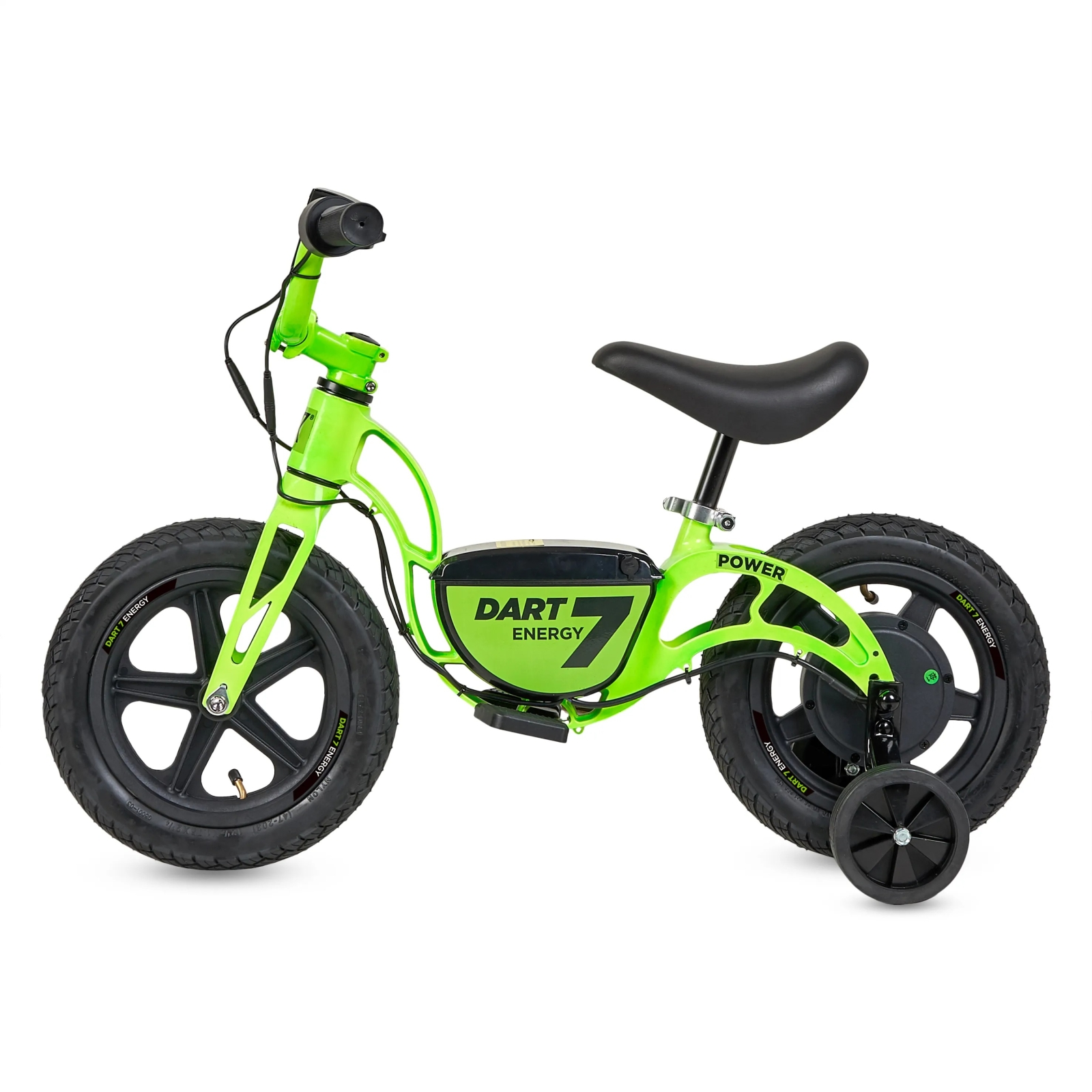 Bicicleta de equilibrio eléctrica Dart 7 verde con ruedas negras y ruedines.