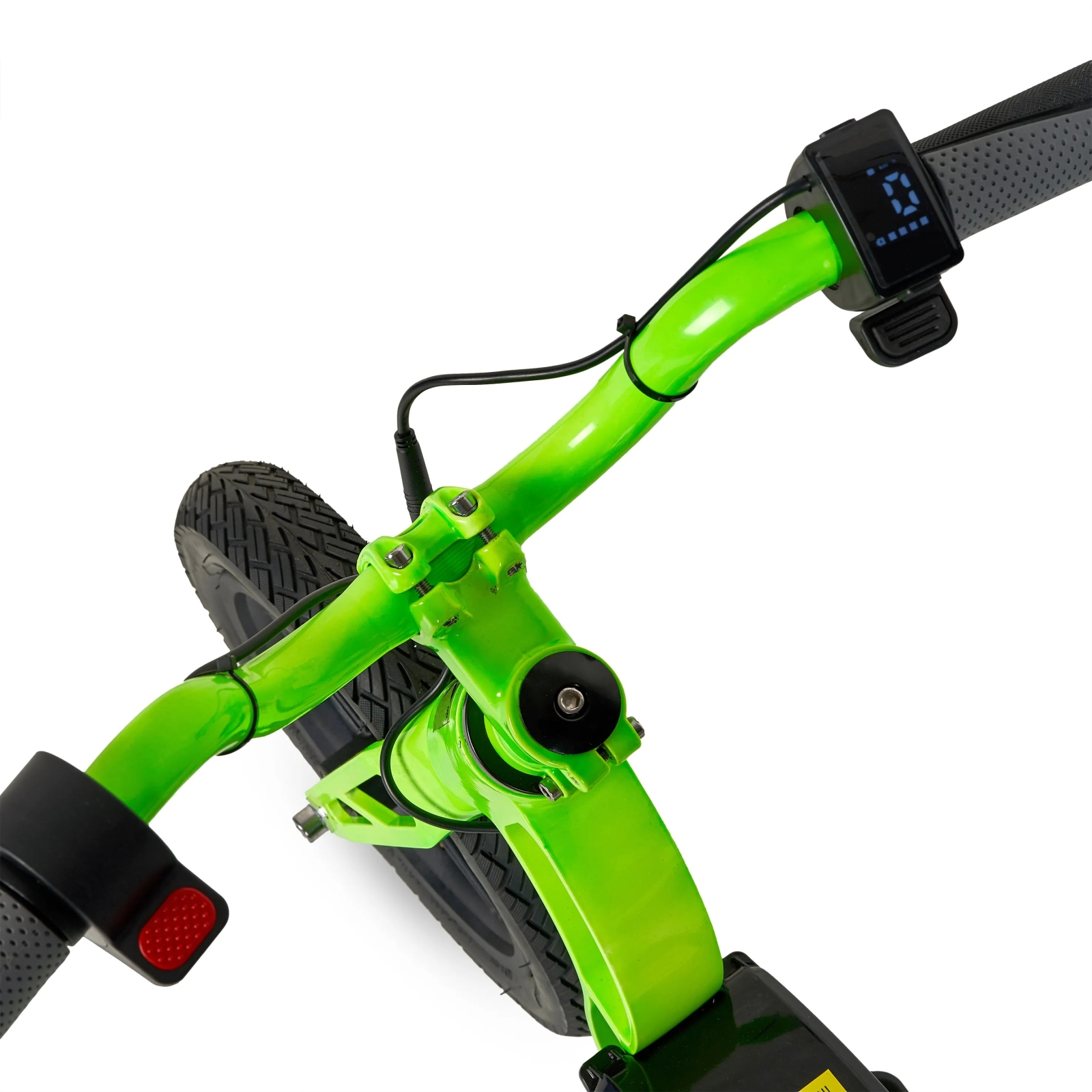 Primer plano del manillar de un scooter verde, mostrando una pantalla digital.