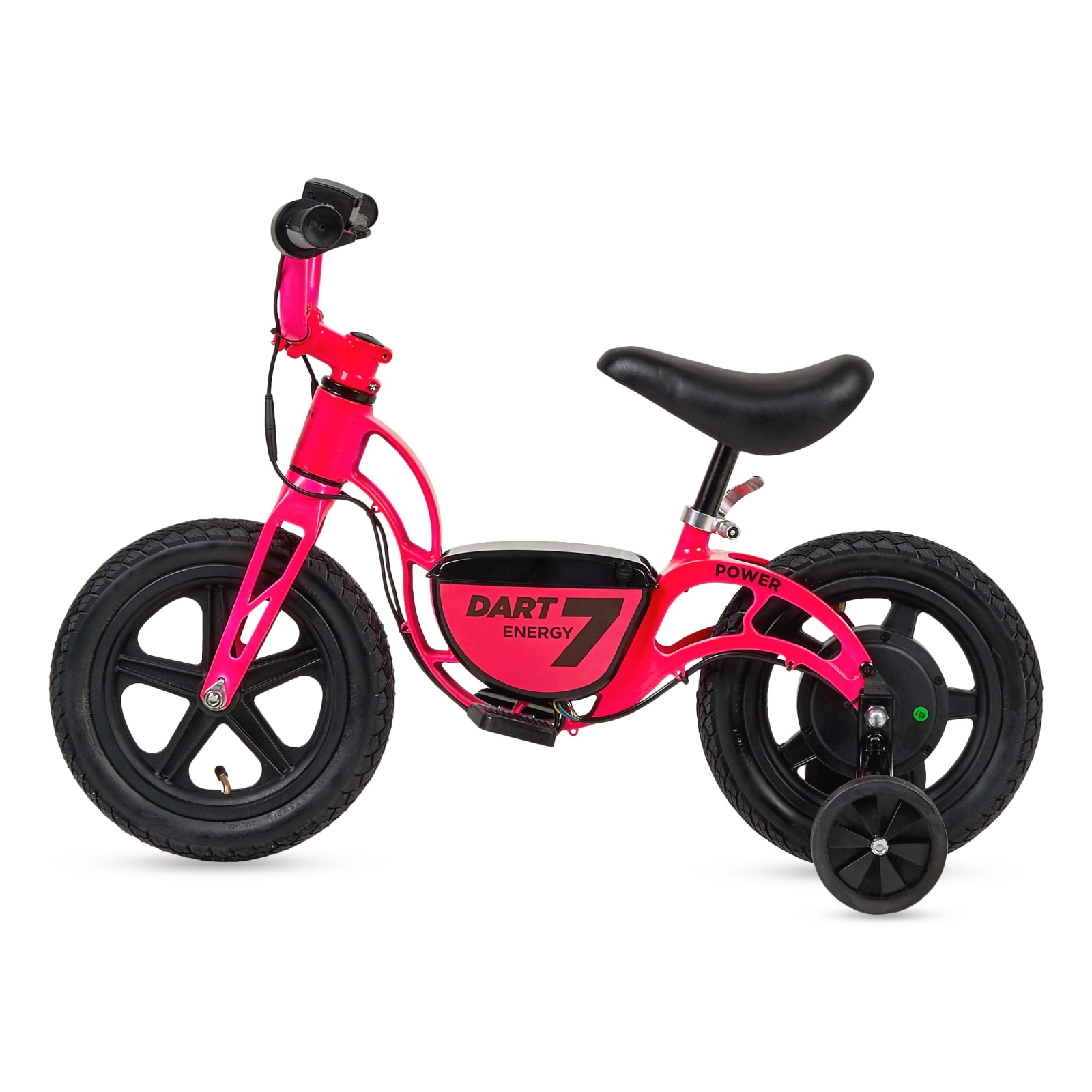 Una bicicleta de equilibrio rosa con ruedas negras, asiento negro y ruedines.