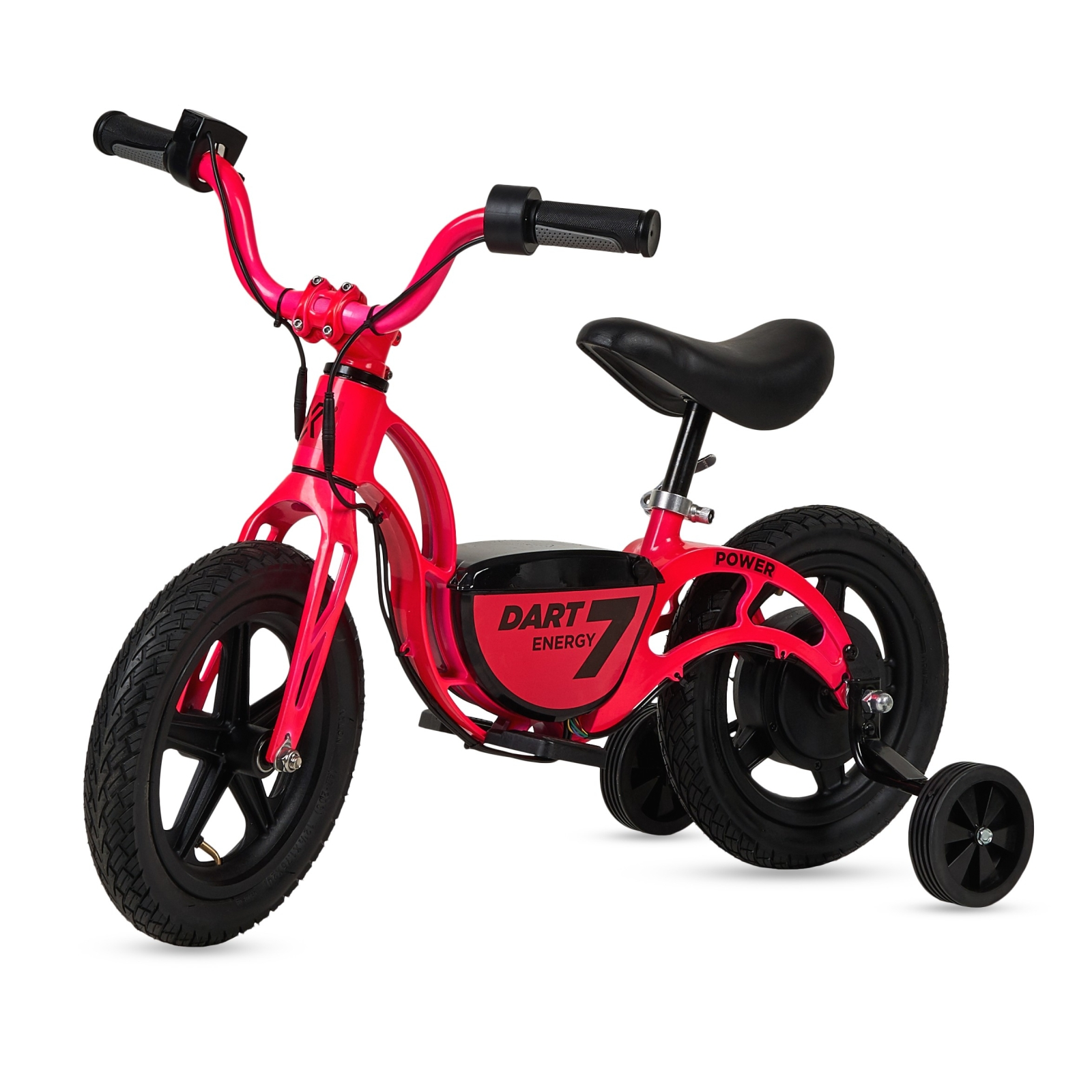 Bicicleta de equilibrio rosa con ruedines, neumáticos negros y asiento negro. Con las palabras DART ENERGY.