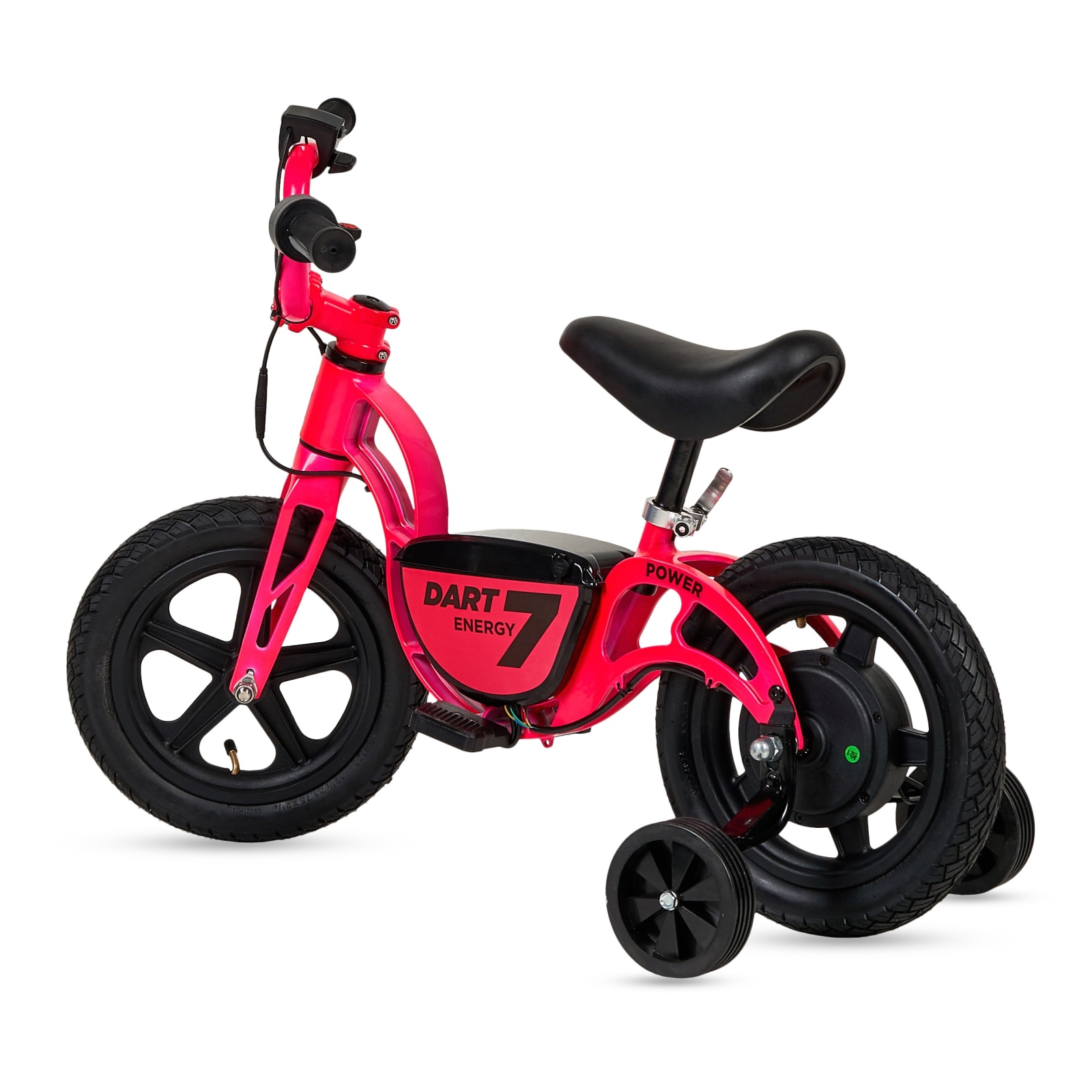 Una bicicleta de equilibrio rosa con ruedas negras, asiento negro y ruedines.