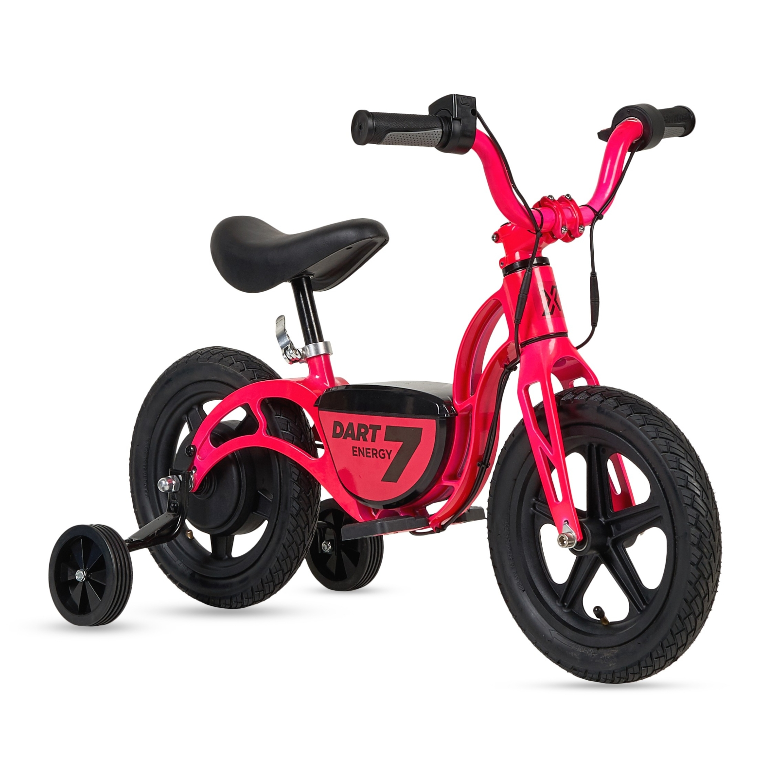 Bicicleta de equilibrio rosa y negra para niños. Tiene ruedines. Fondo blanco.