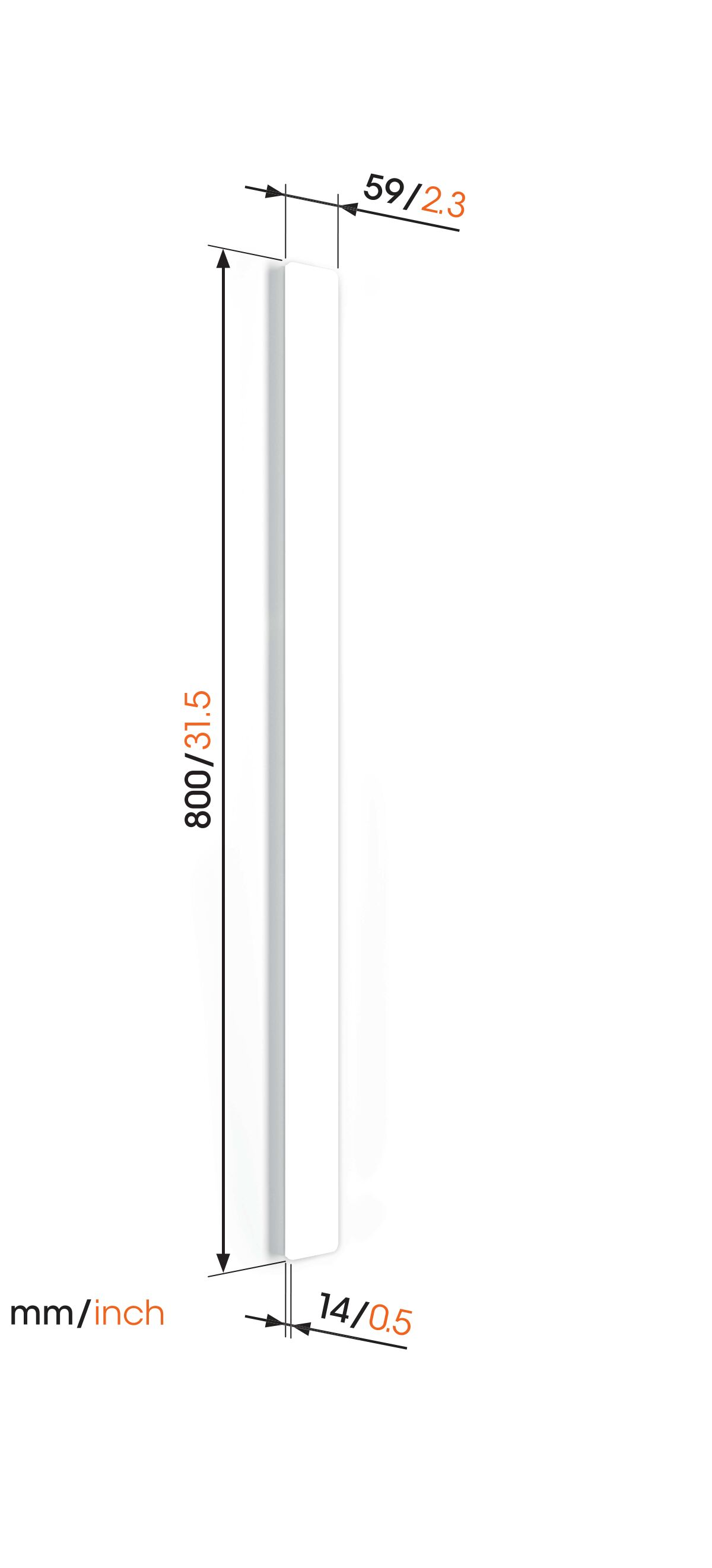 Un copricavi bianco con dimensioni. Misura 800 mm/31,5 pollici di altezza.