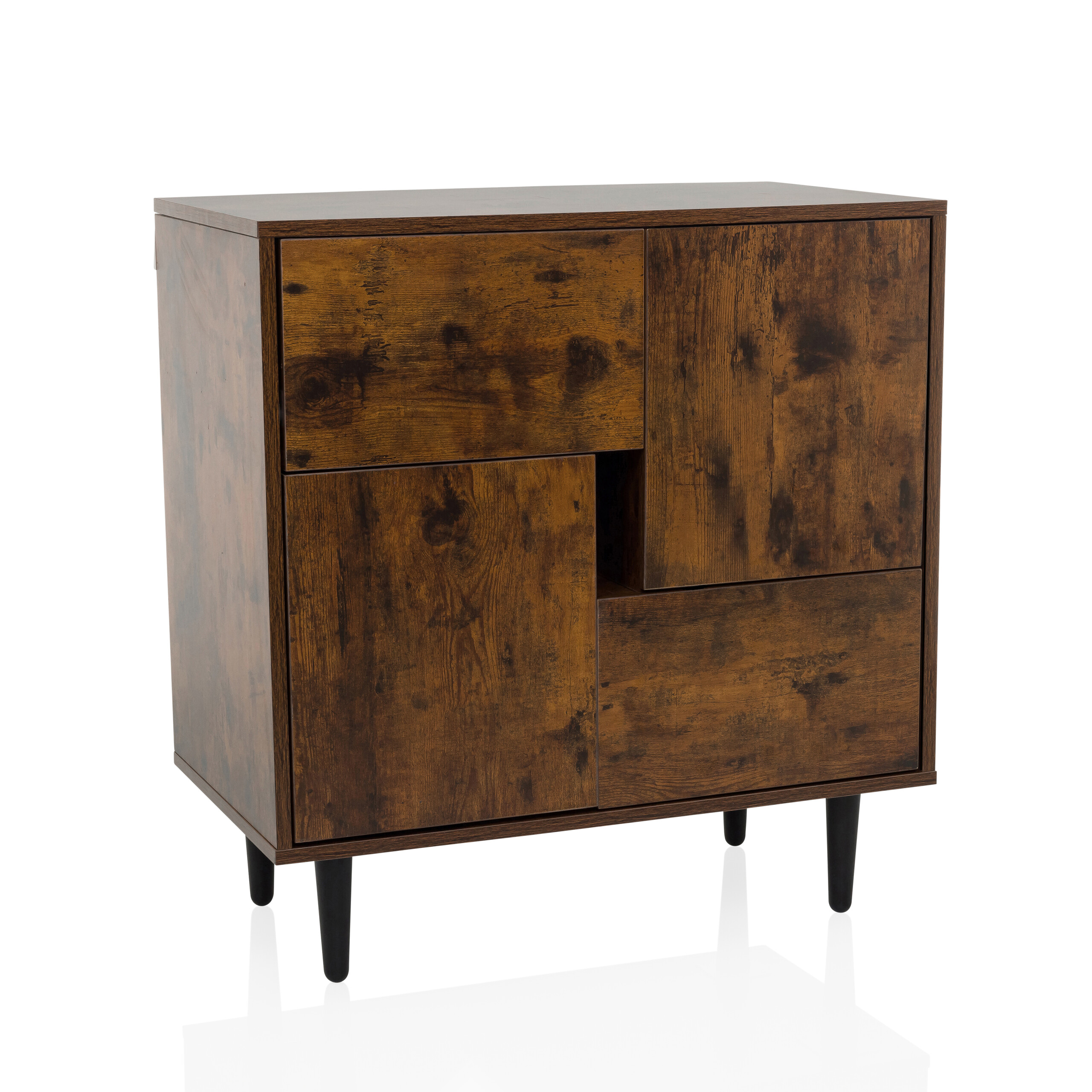 Ein brauner Holzschrank mit vier Türen. Er hat einen Vintage-Look und schwarze Beine.