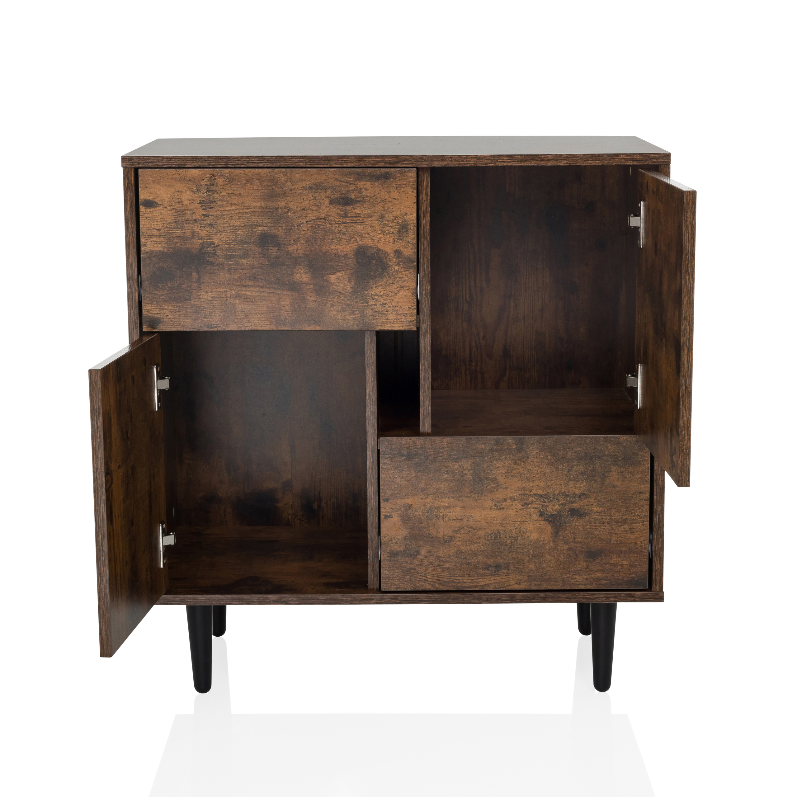 Brauner Schrank mit offenen Türen, Regale sichtbar. Schwarze Beine auf weißem Grund.