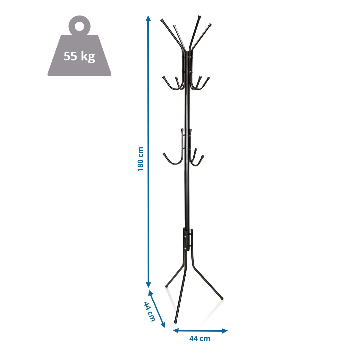 Schwarzer Kleiderständer. Er zeigt Abmessungen: 180cm Höhe, 44cm Breite und 55kg Gewicht.