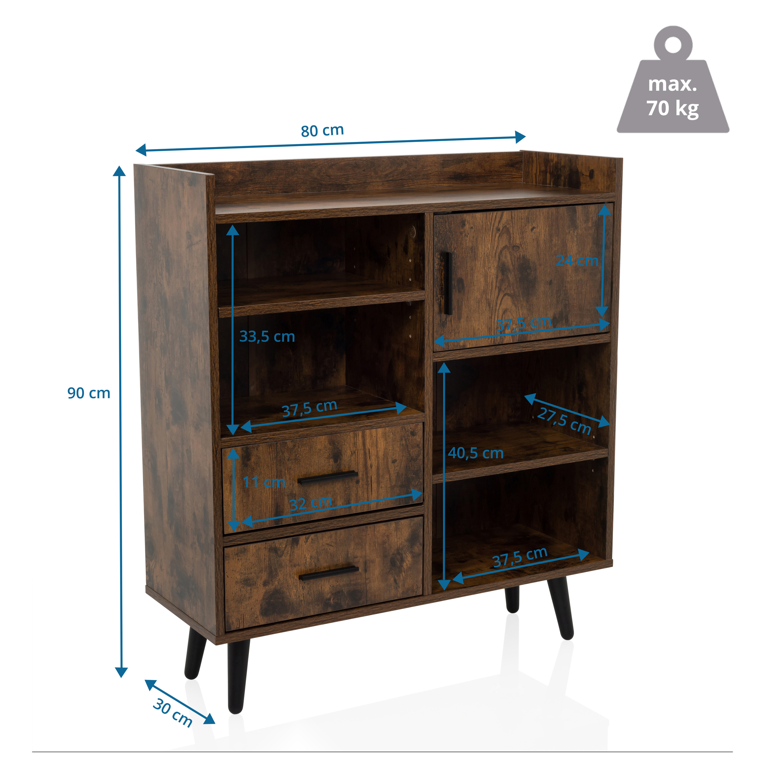 Ein brauner Schrank mit weißer Oberseite, Büchern und Dekoration.