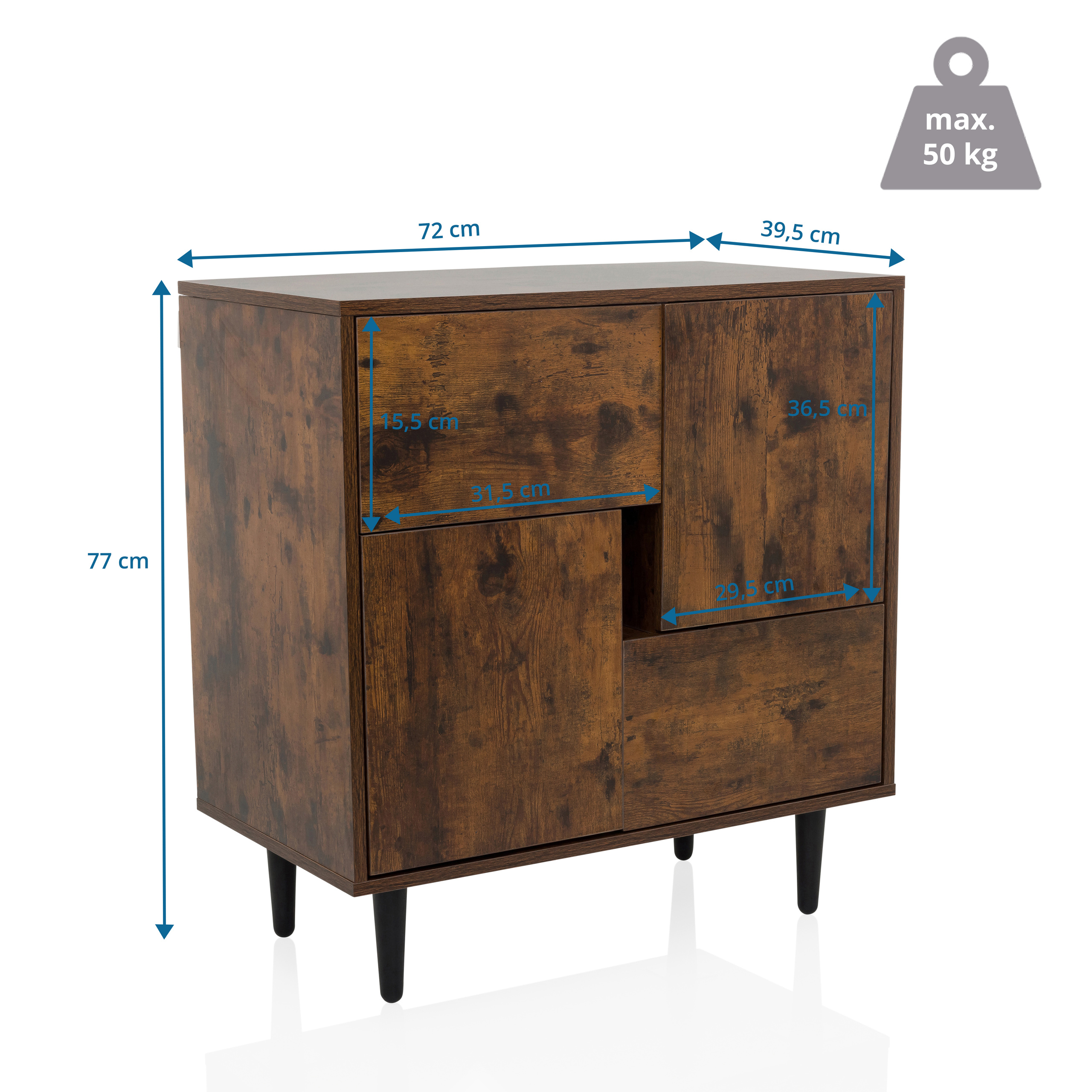 Holzfarbene Kommode mit Türen und Schubladen, Abmessungen.