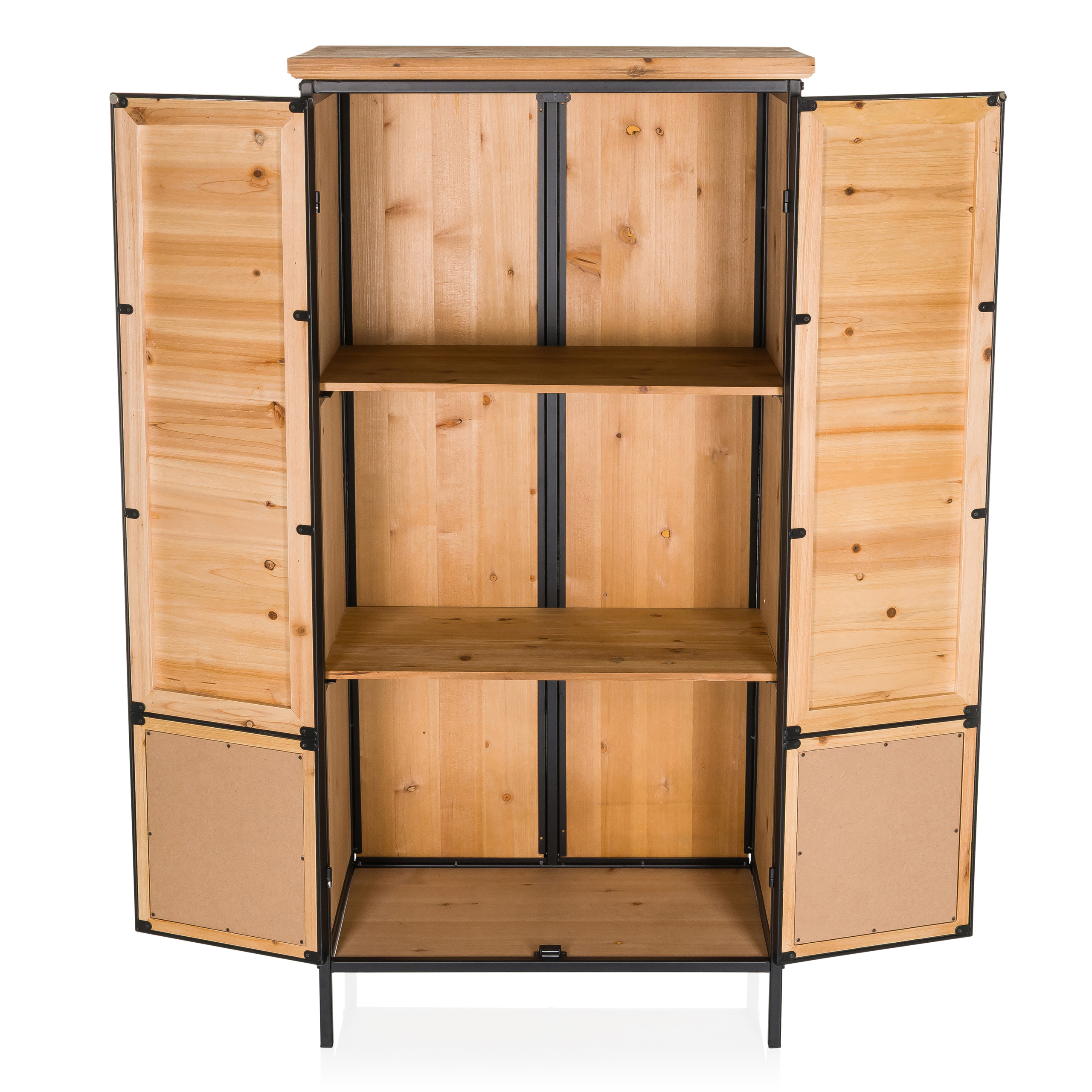 Holzschrank mit offenen Türen, Regalen im Inneren und einem schwarzen Metallrahmen.