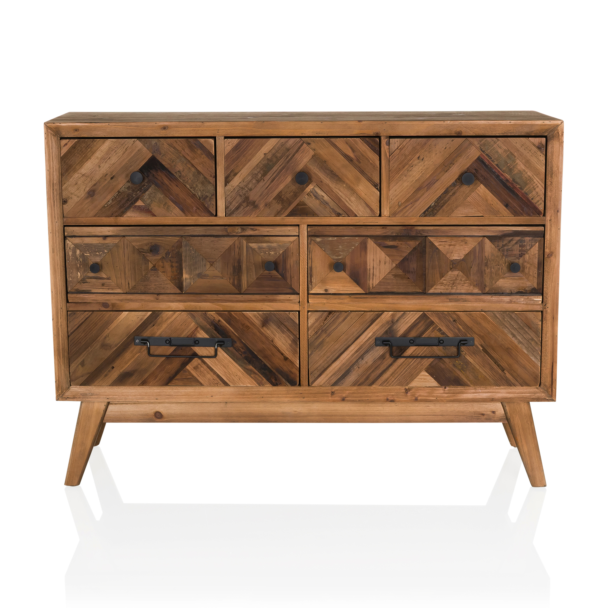 Kommode aus Holz mit mehreren Schubladen, schwarzen Griffen und Beinen.