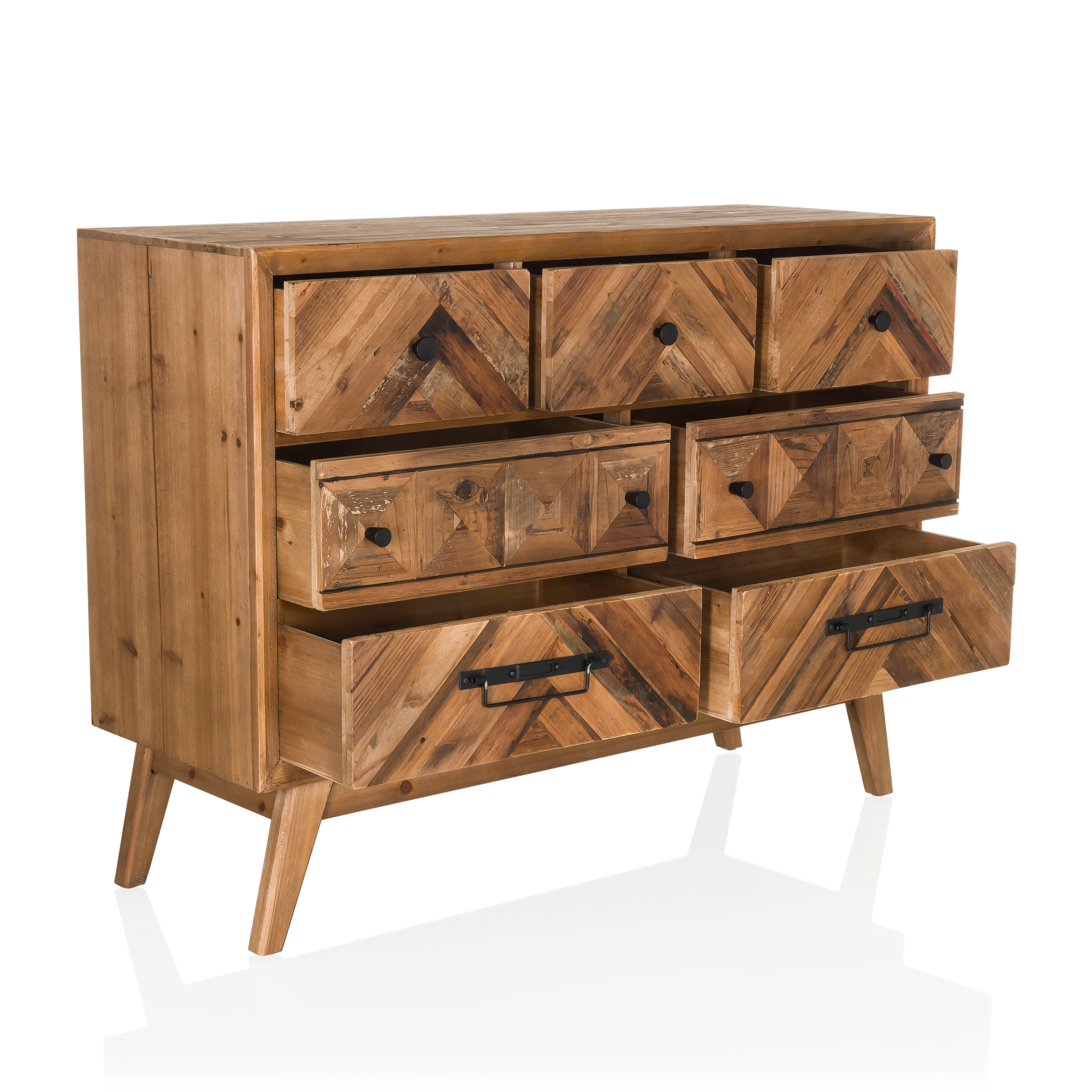 Eine Kommode aus Holz mit Schubladen und schwarzen Griffen.
