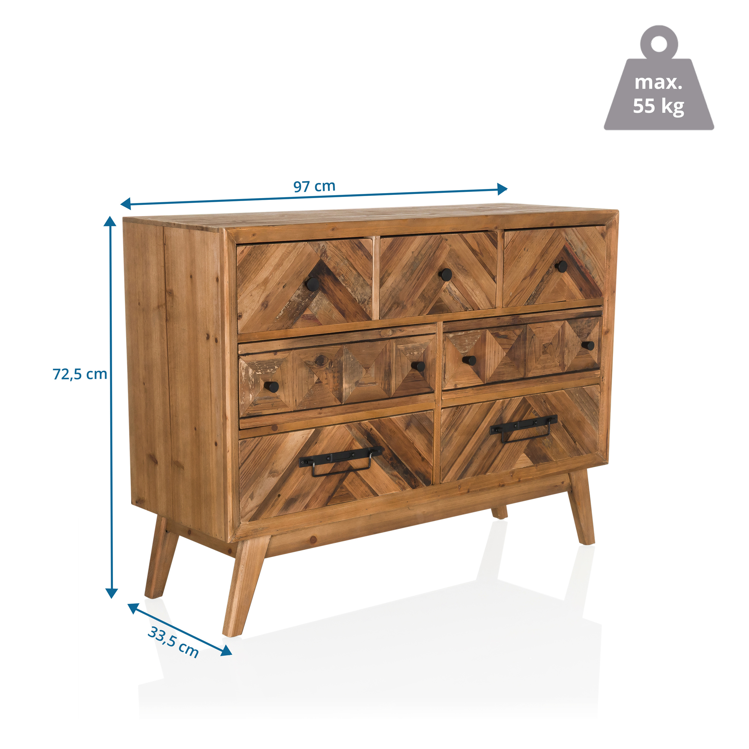 Kommode aus Holz mit angegebenen Abmessungen.