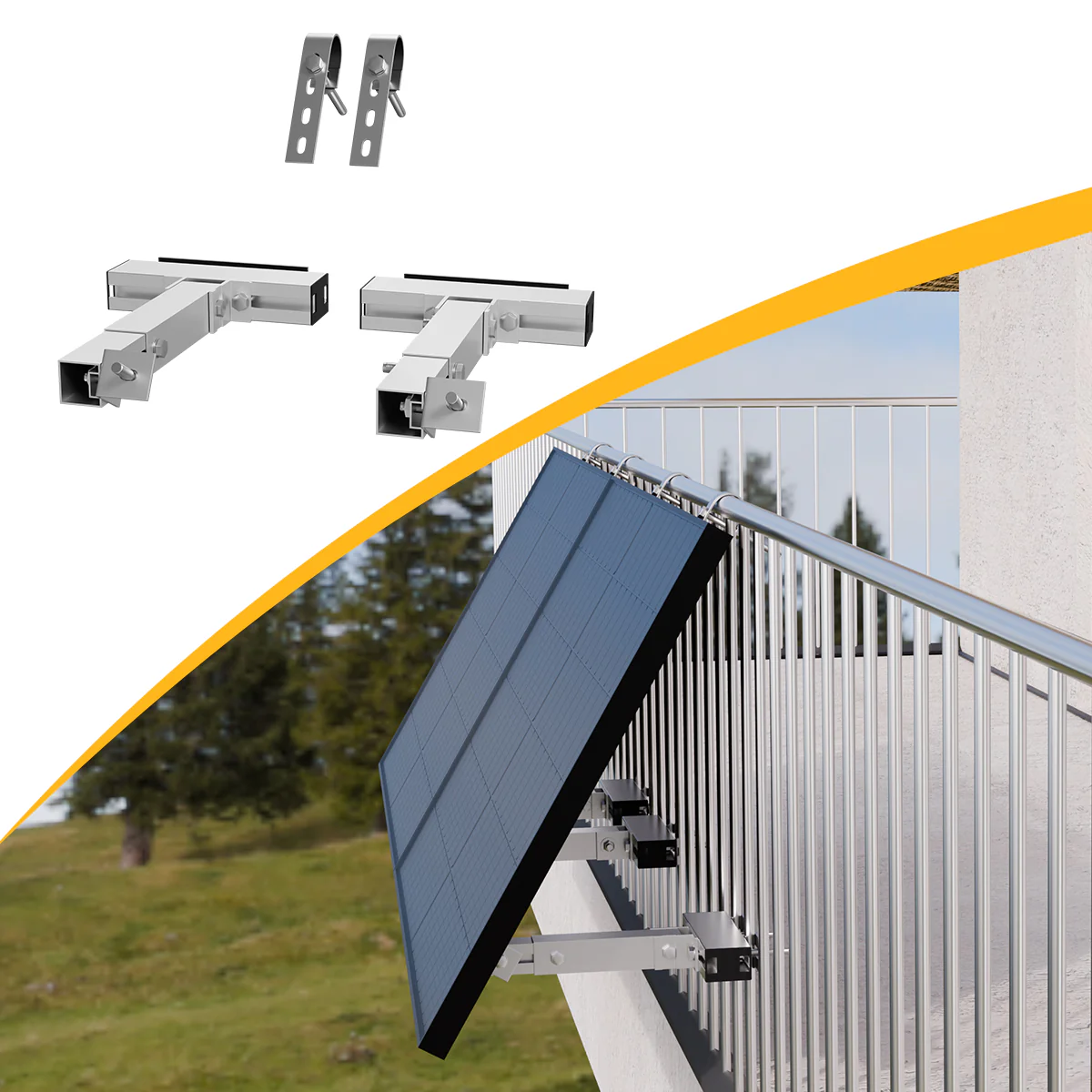 Solarpanel mit Halterungen an einem Geländer montiert.