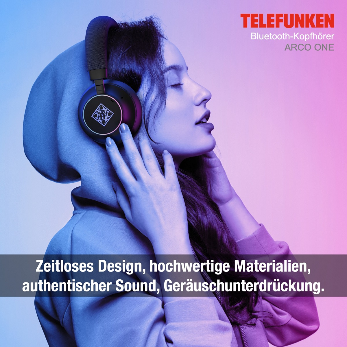 Frau mit schwarzen Kopfhörern, Text: TELEFUNKEN Bluetooth-Kopfhörer ARCO ONE und Text darunter.