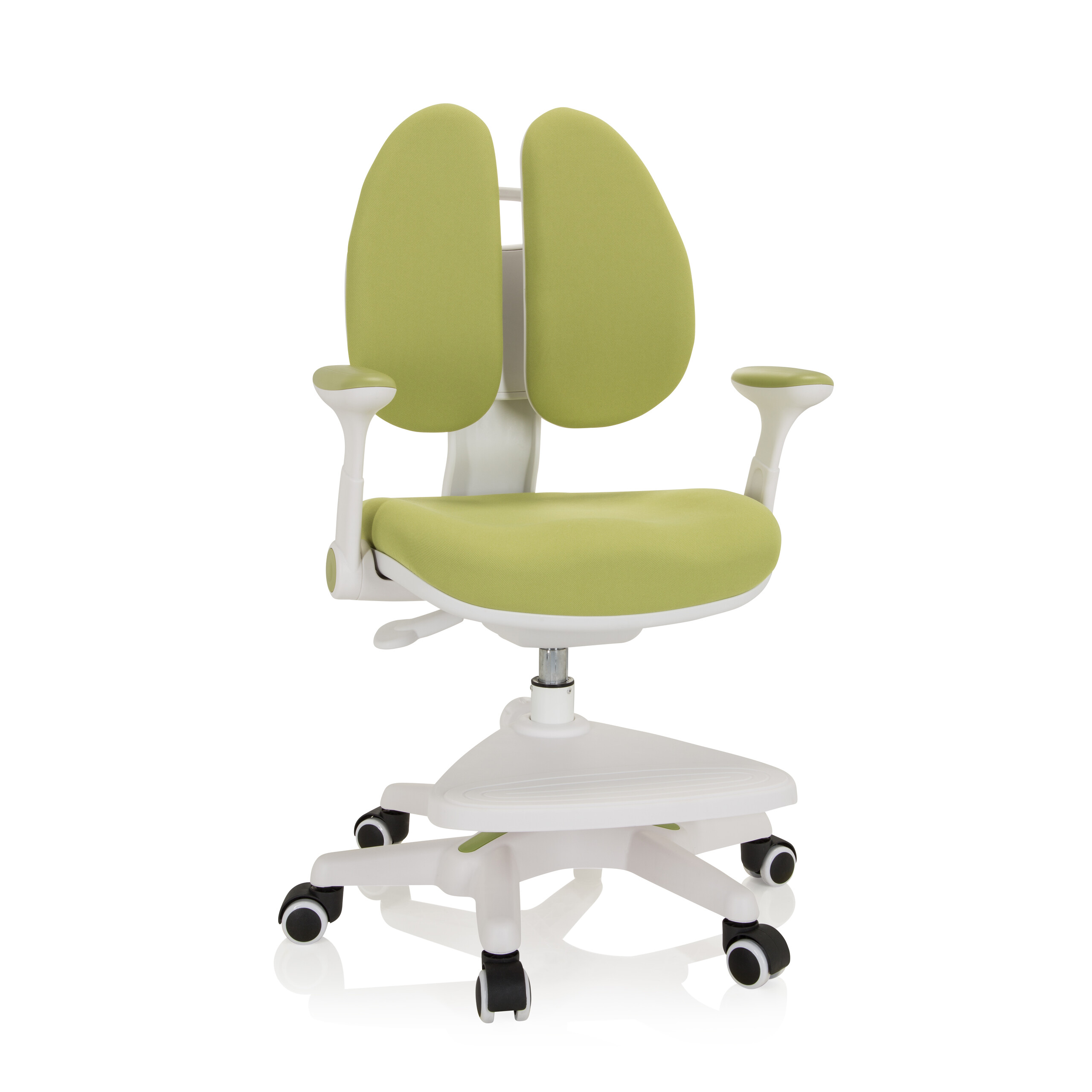 Grün-weißer ergonomischer Stuhl mit einzigartigem Rückendesign und Armlehnen. Auf Weiß.