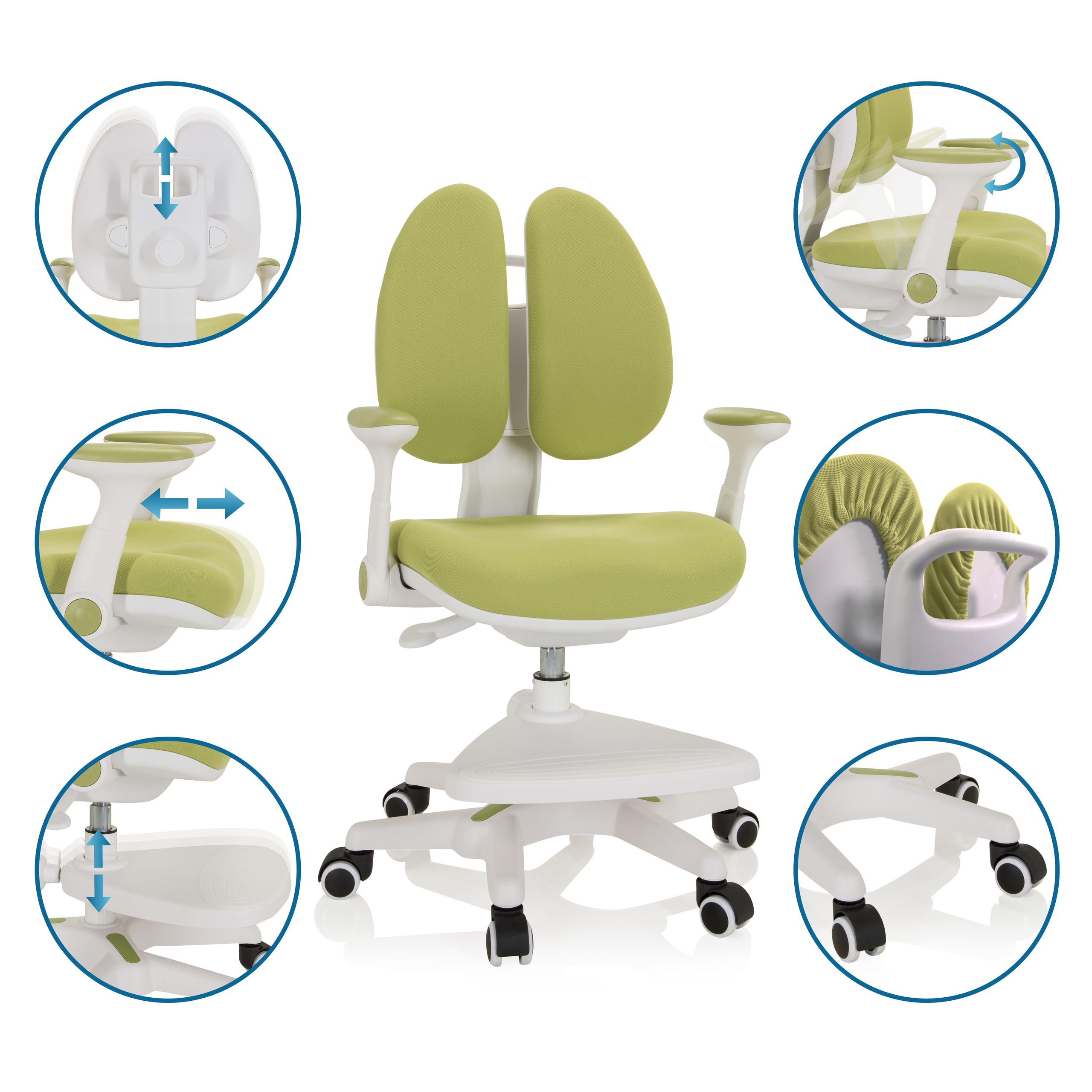 Ein grüner und weißer ergonomischer Stuhl. Verschiedene Teile des Stuhls sind mit blauen Kreisen hervorgehoben.