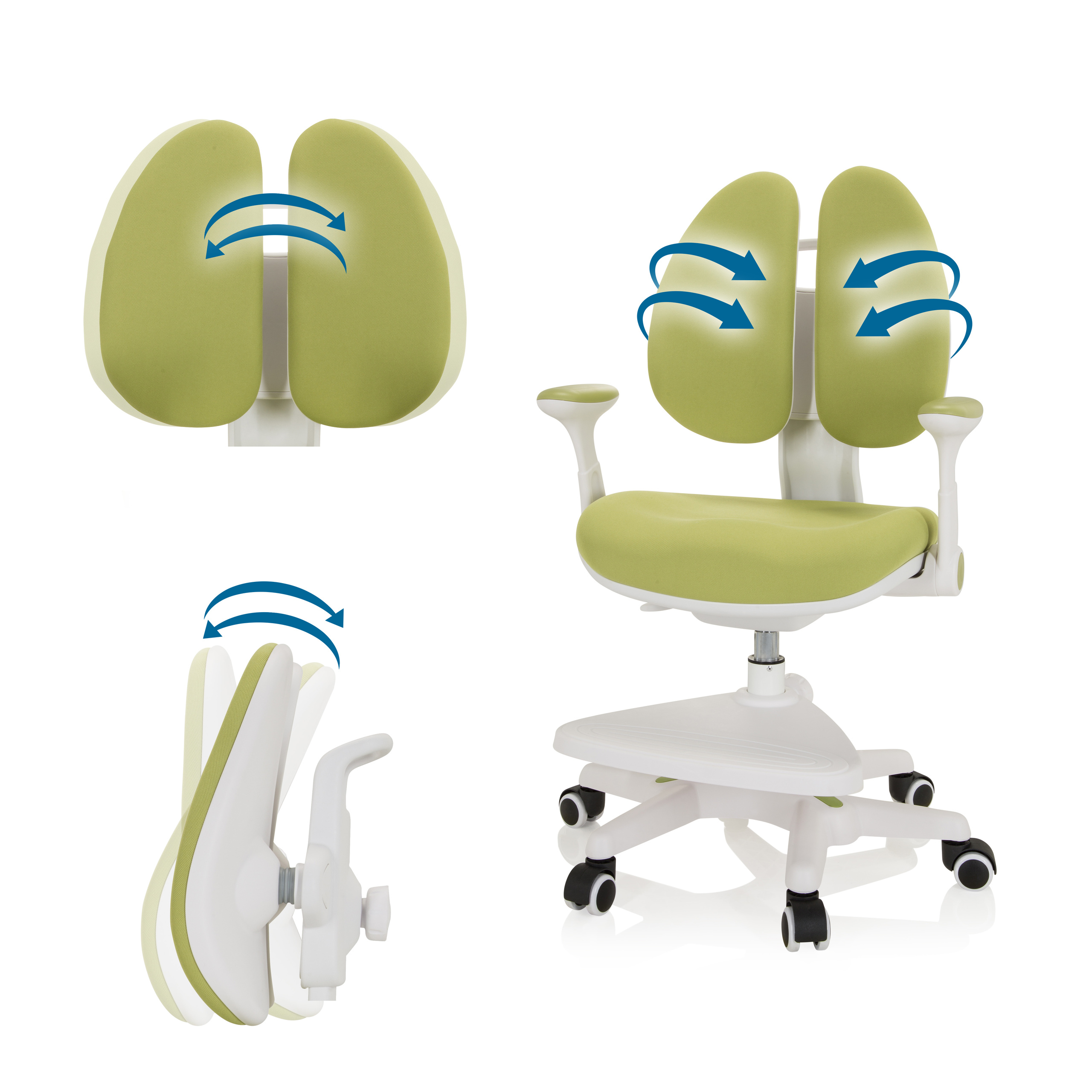 Grüner ergonomischer Stuhl mit einstellbaren Funktionen.