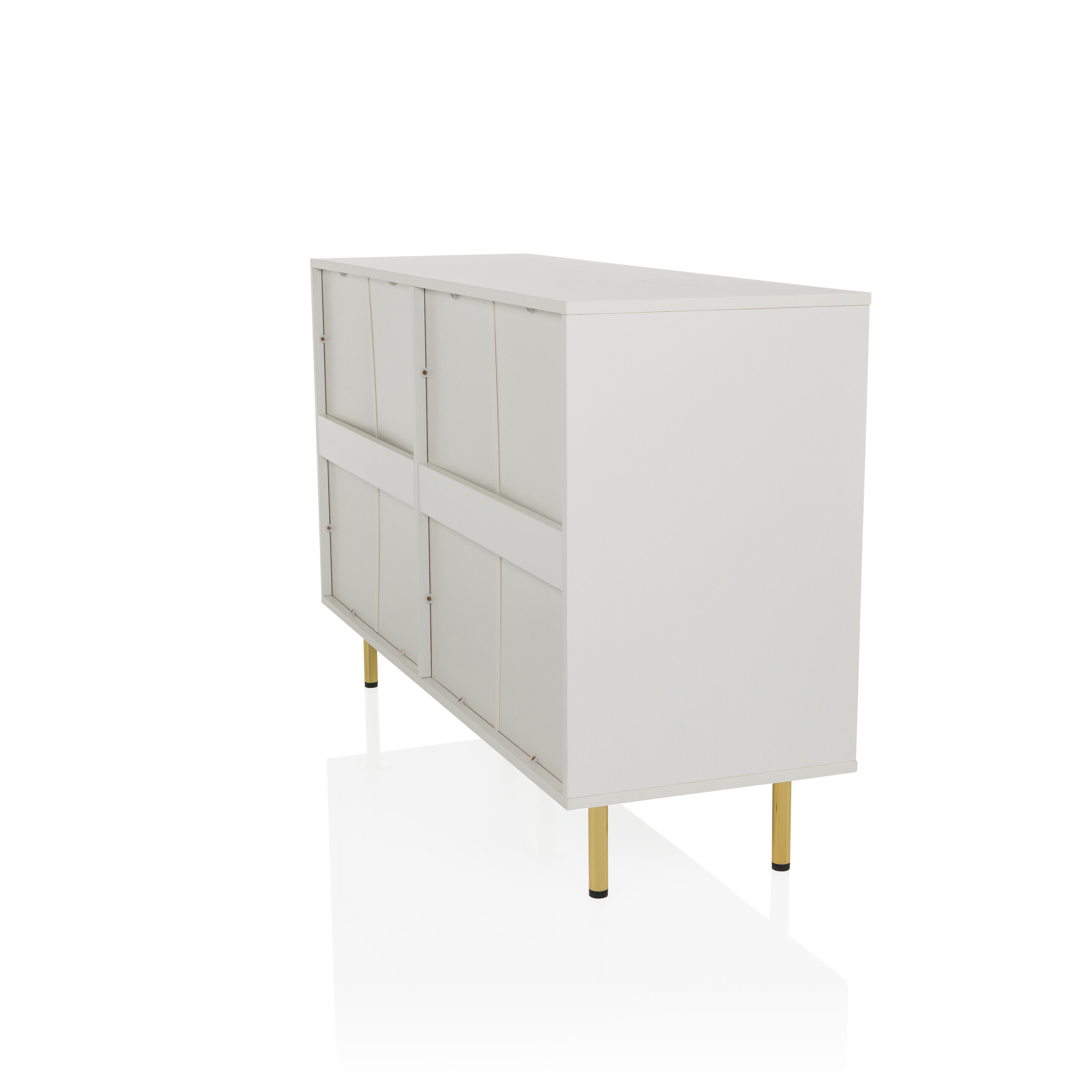 Ein weißer Schrank mit goldenen Beinen. Es hat zwei Sätze Türen. Es ist auf weißem Hintergrund.