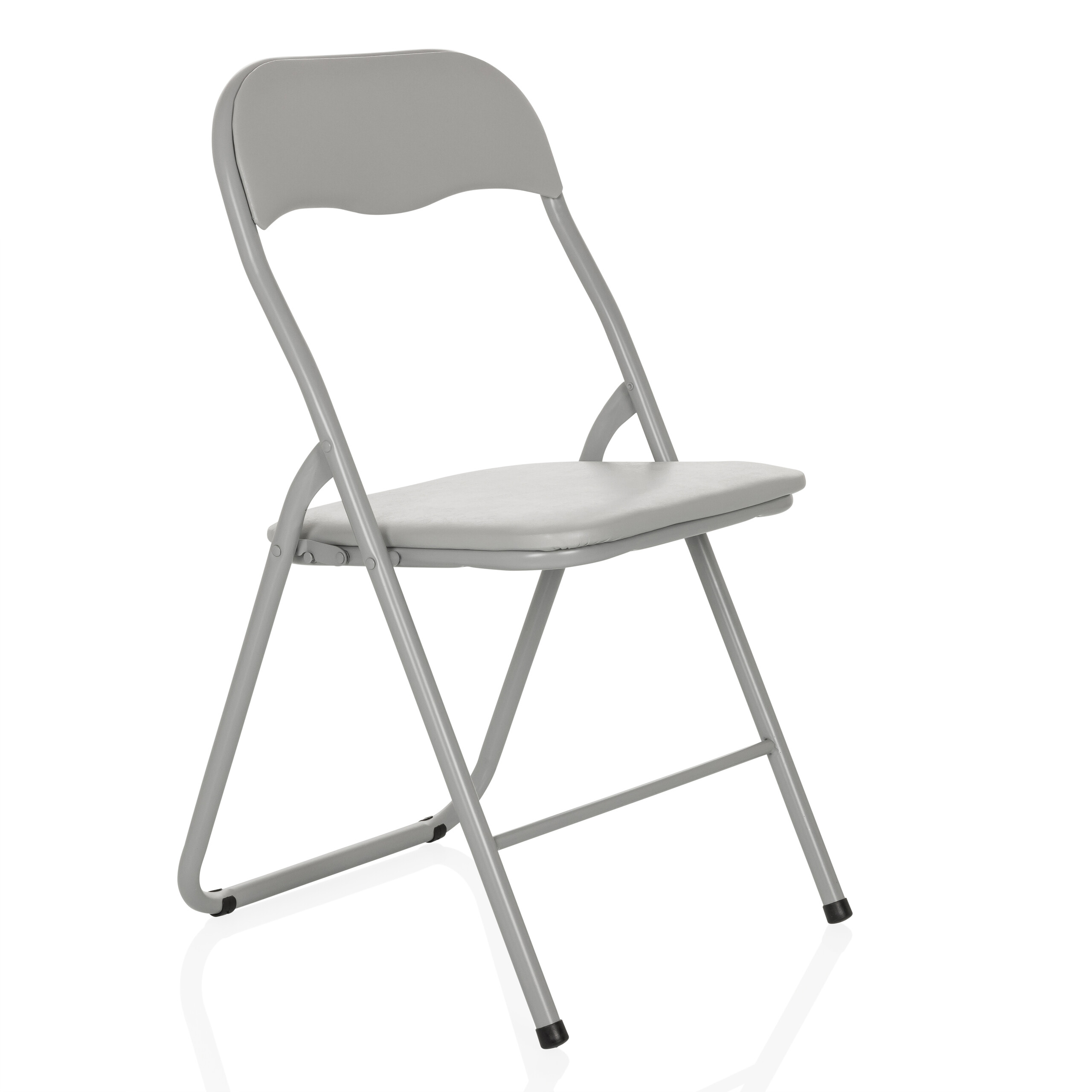 Grauer Klappstuhl auf weißem Hintergrund. Einfaches Design, sauber.