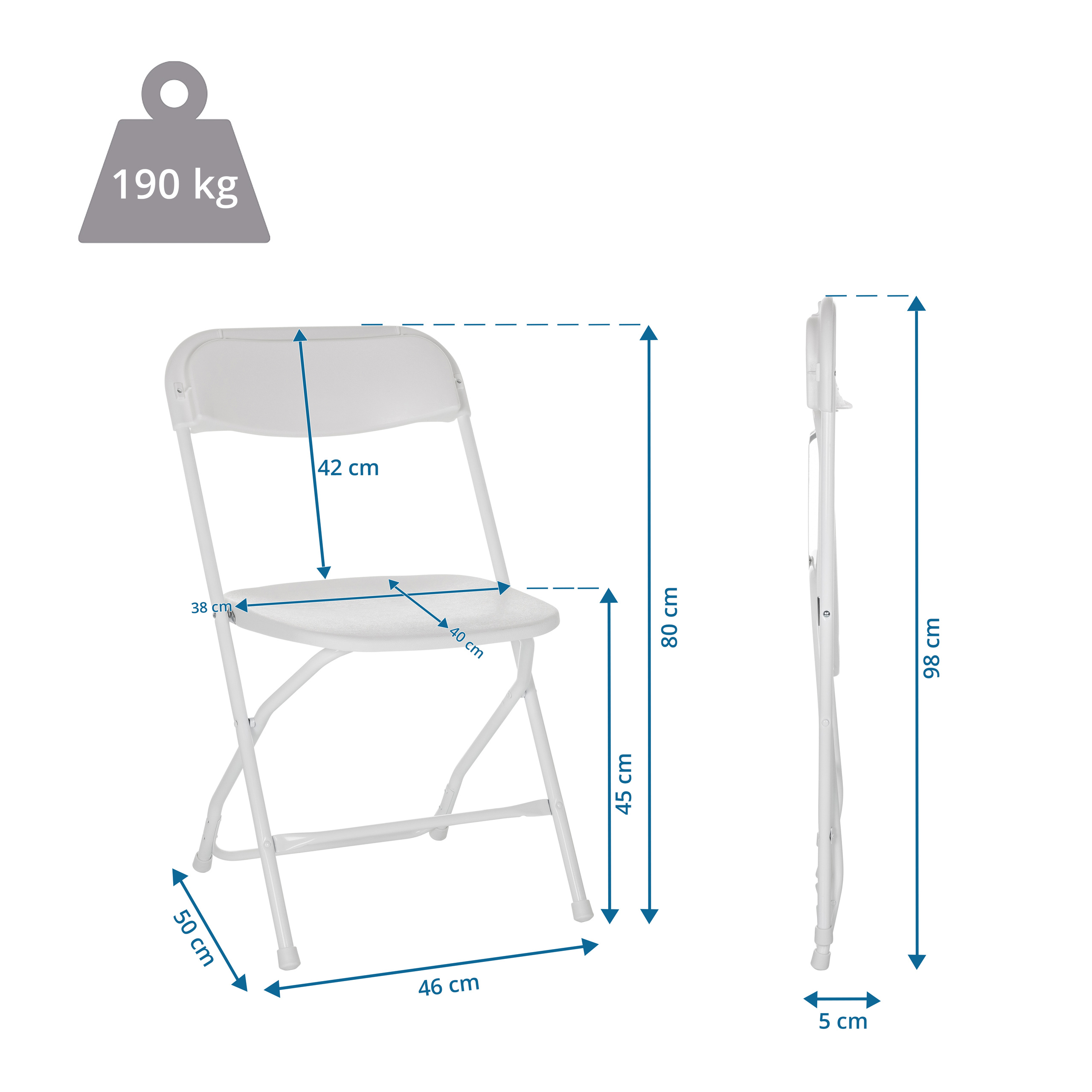 Weißer Klappstuhl mit Abmessungen und Gewichtsbeschränkung von 190 kg.