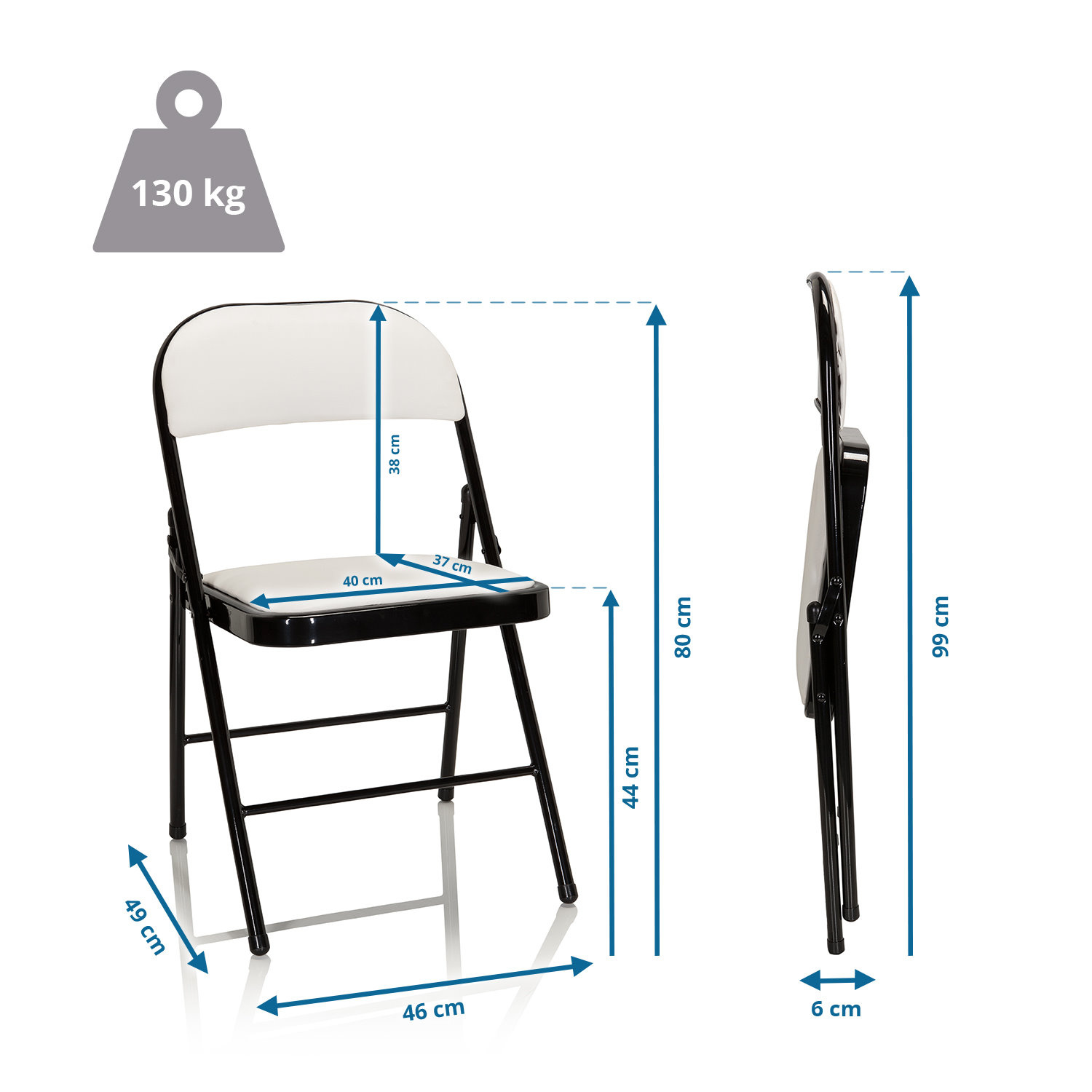 Schwarzer Klappstuhl mit weißem Sitz und Rücken. Abmessungen und Gewicht (130 kg) sind angegeben.
