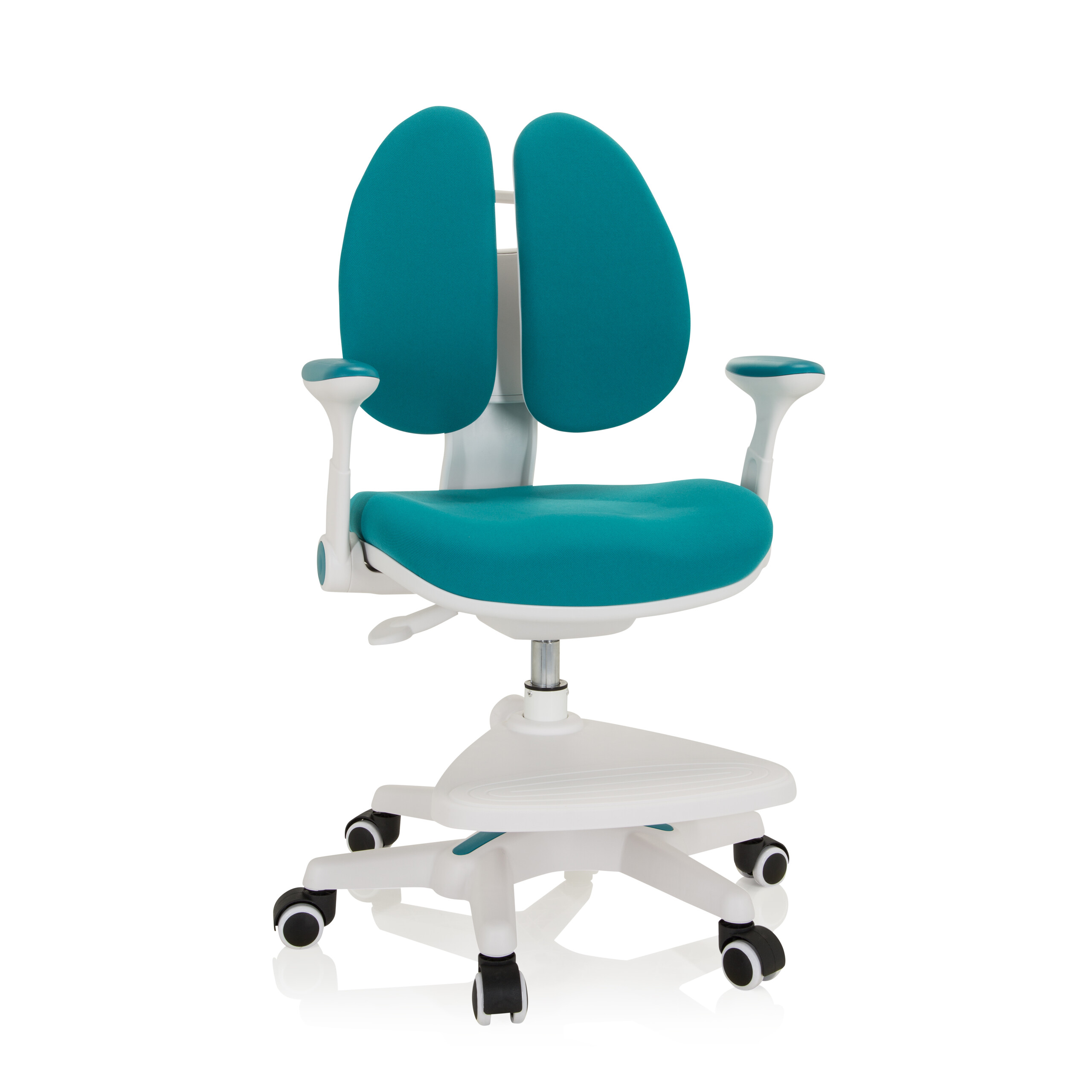 Türkis-weißer ergonomischer Stuhl mit einzigartigem Rückendesign und Armlehnen. Auf Weiß.