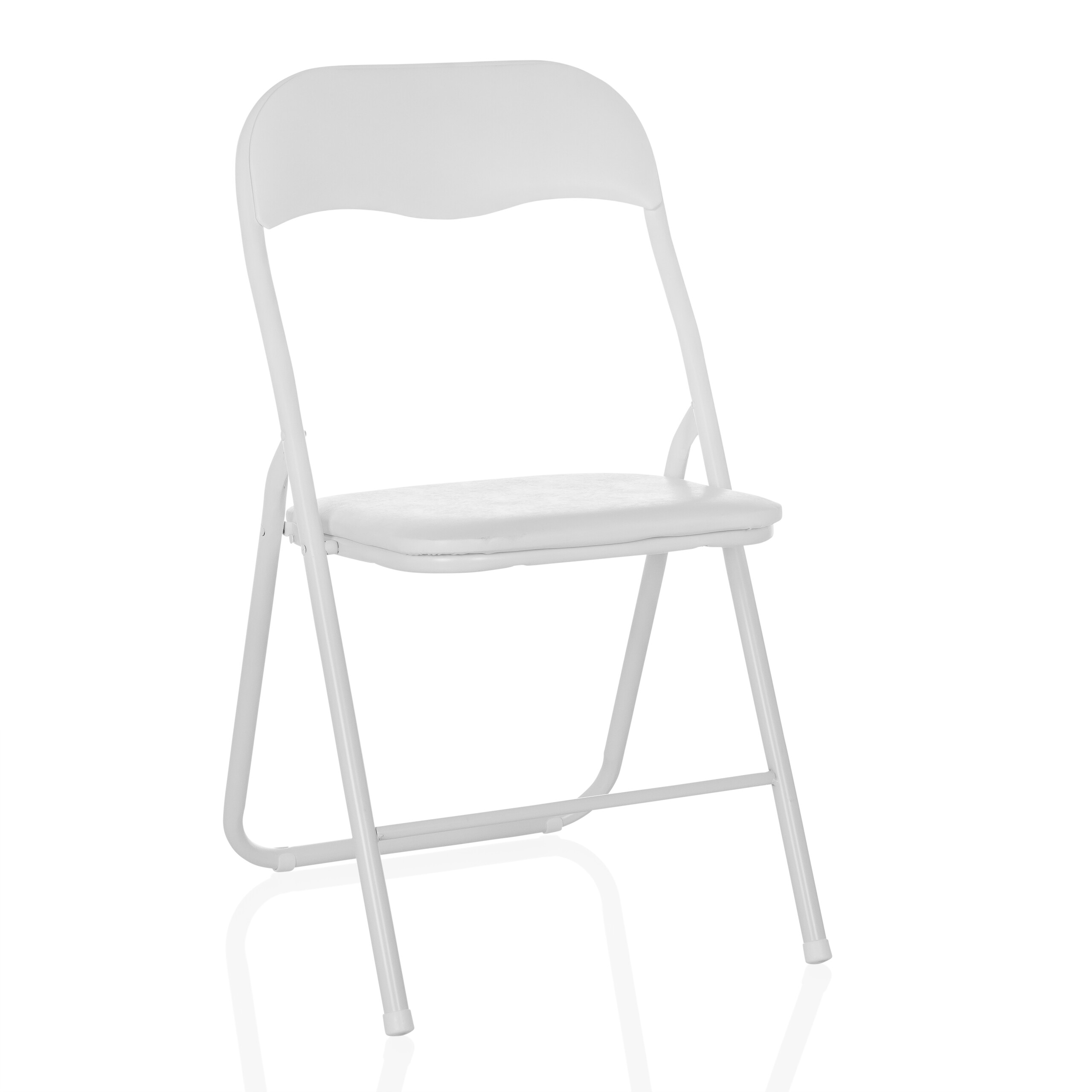 Weißer Klappstuhl, Vorderansicht, schlichtes Design, weißer Hintergrund, für Webnutzung.