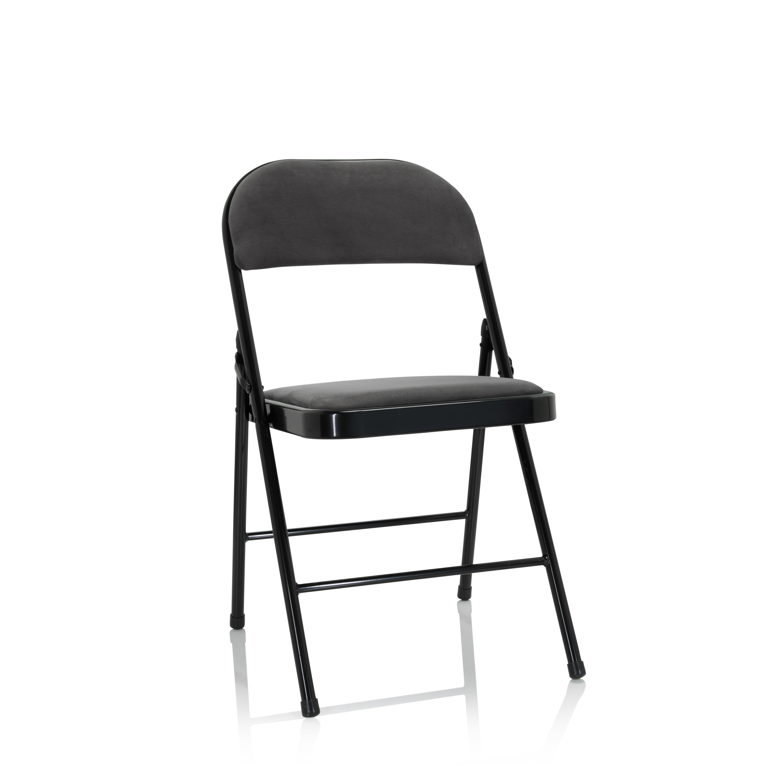 Klappstuhl, schwarzer Rahmen, grauer Sitz, auf weißem Hintergrund, schlichtes Design.