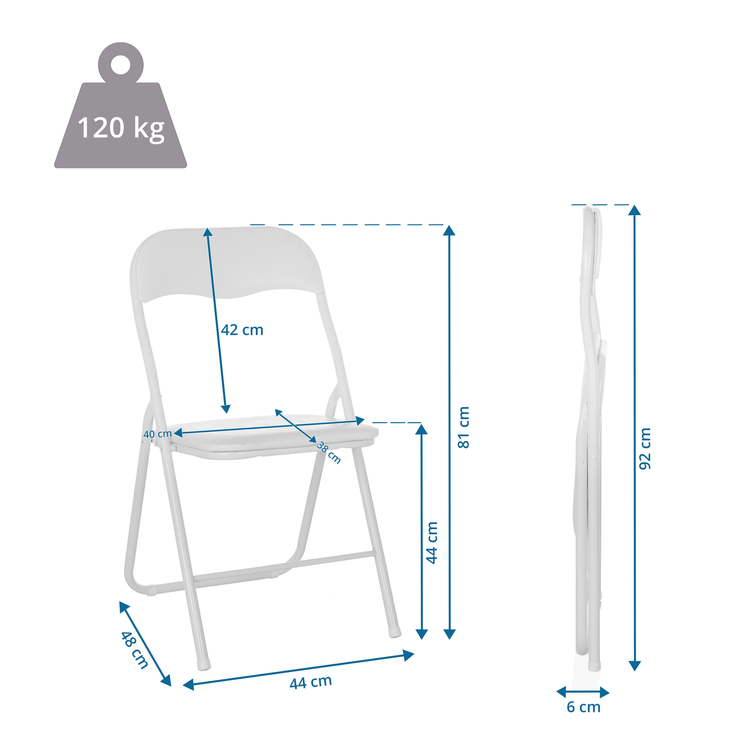 Weißer Klappstuhl mit Maßen: 48x44x81cm, gefaltet 92cm, max. Gewicht 120 kg.