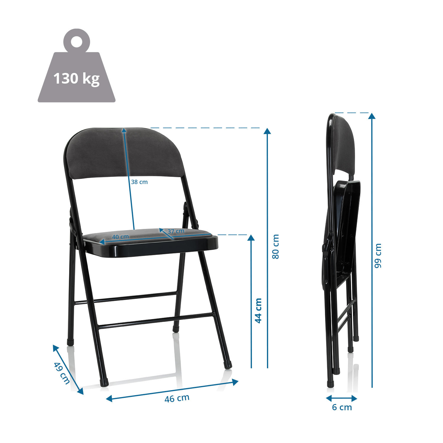 Klappstuhl mit angegebenen Abmessungen in Zentimetern und einem Gewicht von 130 kg.