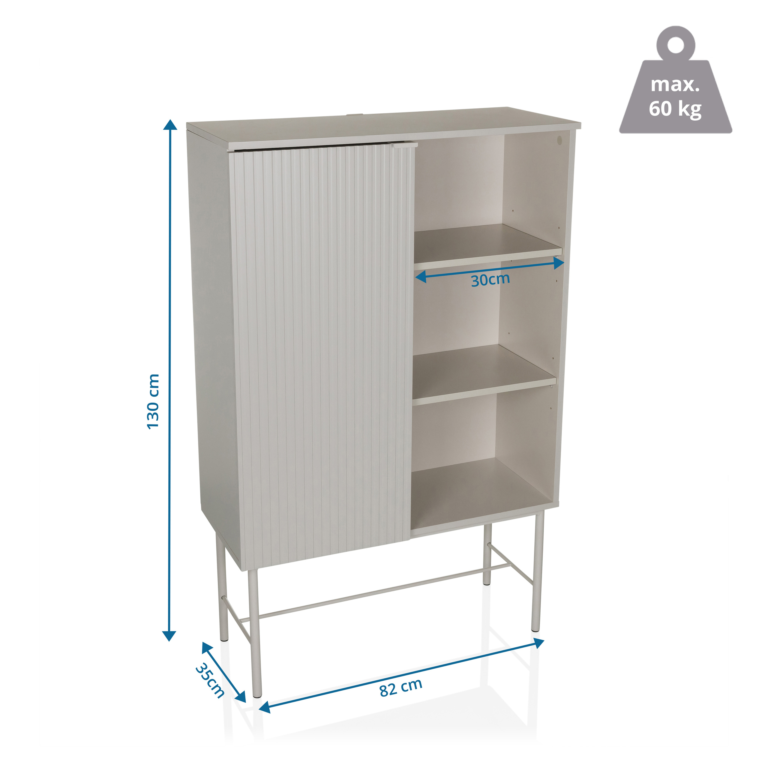 Ein weißer Schrank mit Schiebetür, Regalen und Maßen: 130x82x35cm, max. Gewicht 60 kg.