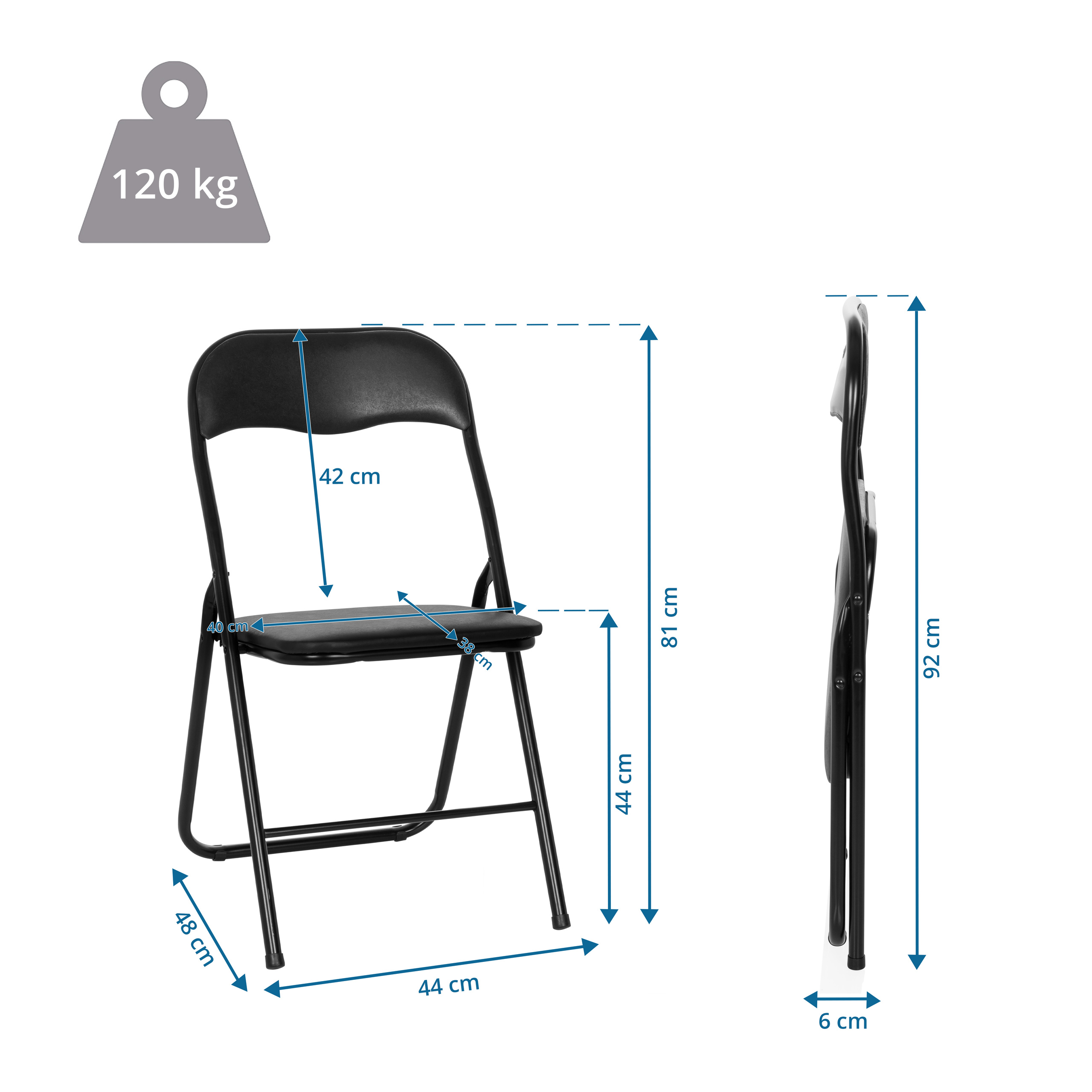 Klappstuhl mit Maßangaben und Gewichtsangabe.