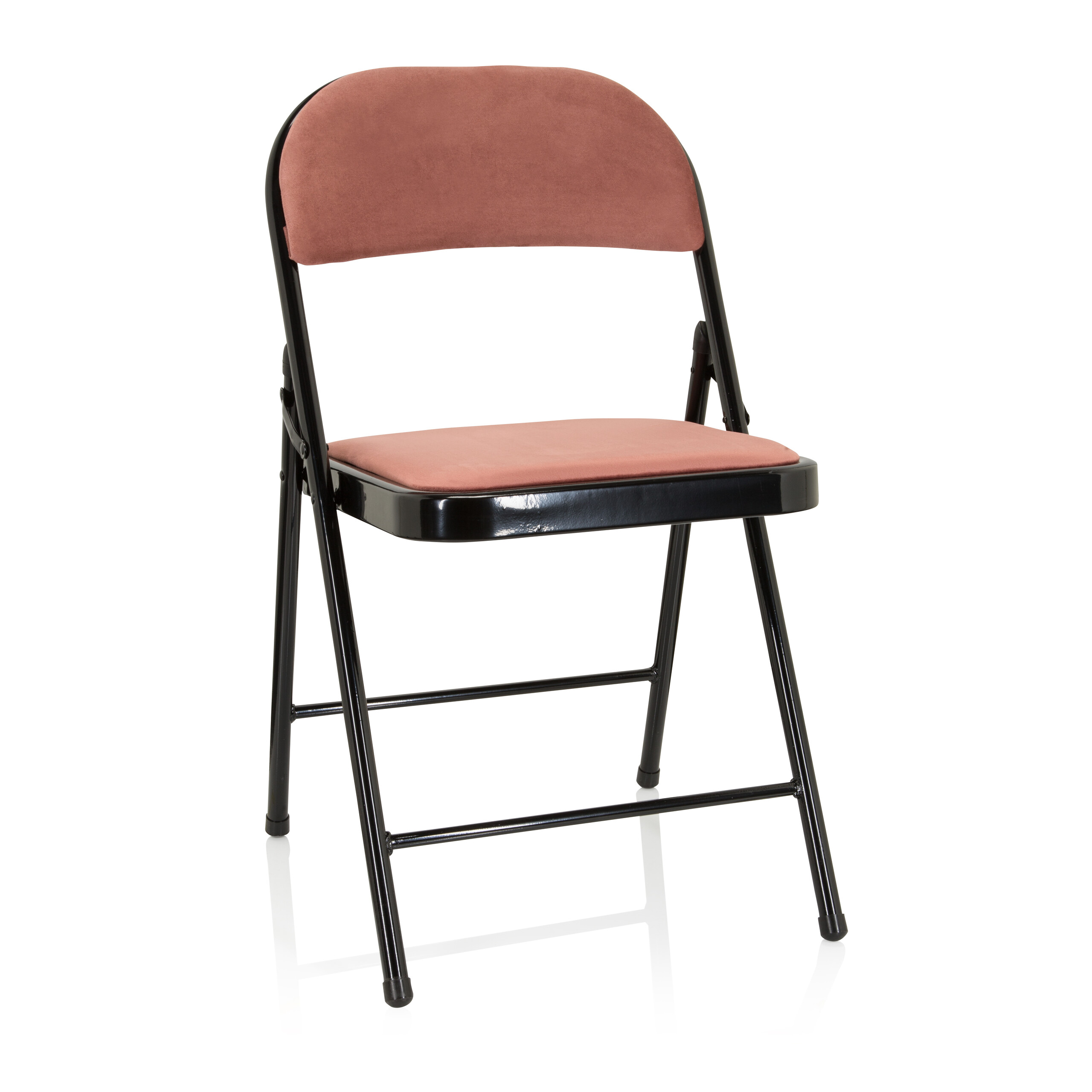 Ein Klappstuhl mit schwarzem Rahmen und mauvefarbenem Sitz und Rücken. Er steht auf weißem Hintergrund.
