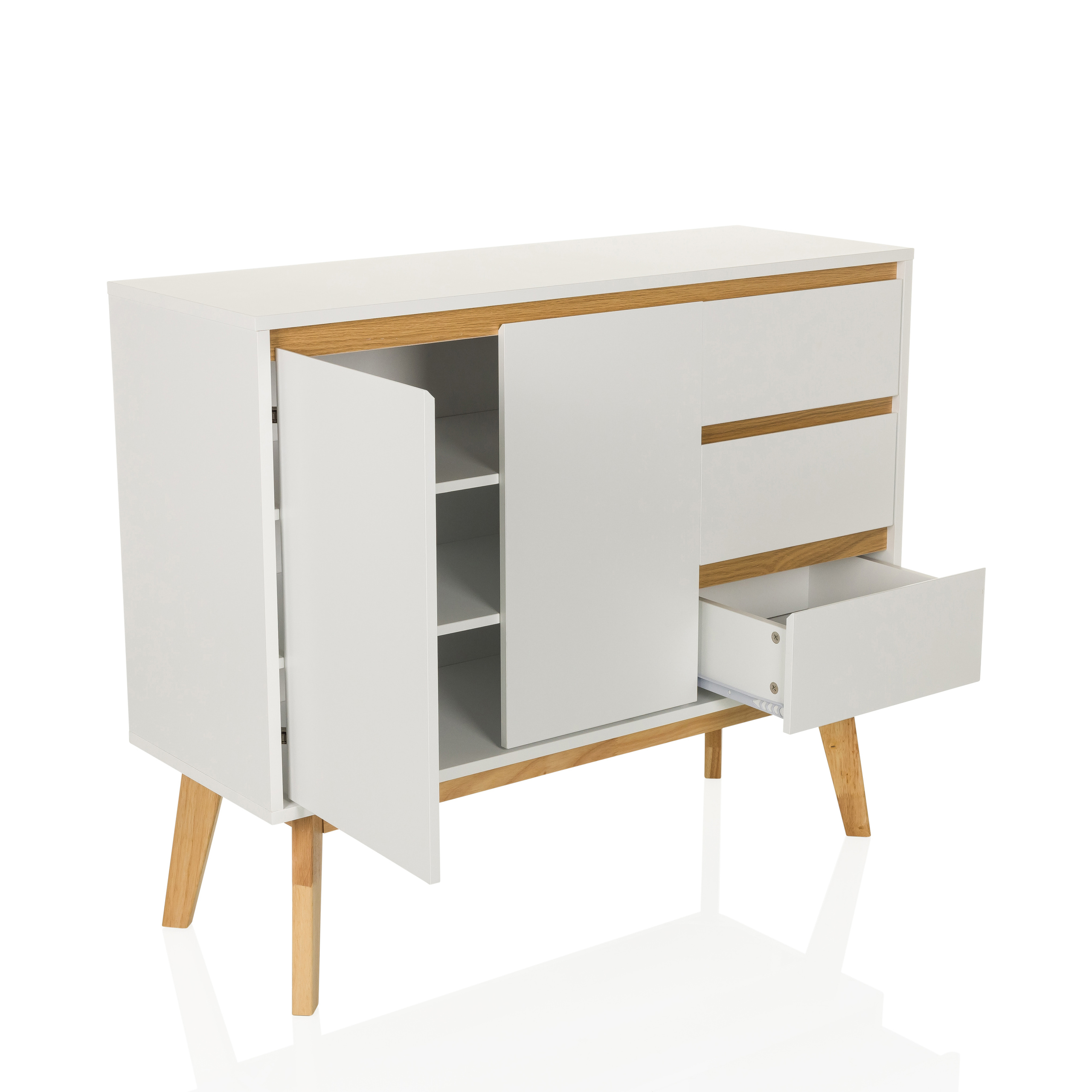 Weißer Schrank mit zwei Türen und zwei Schubladen, eine Schublade offen. Holzbeine.