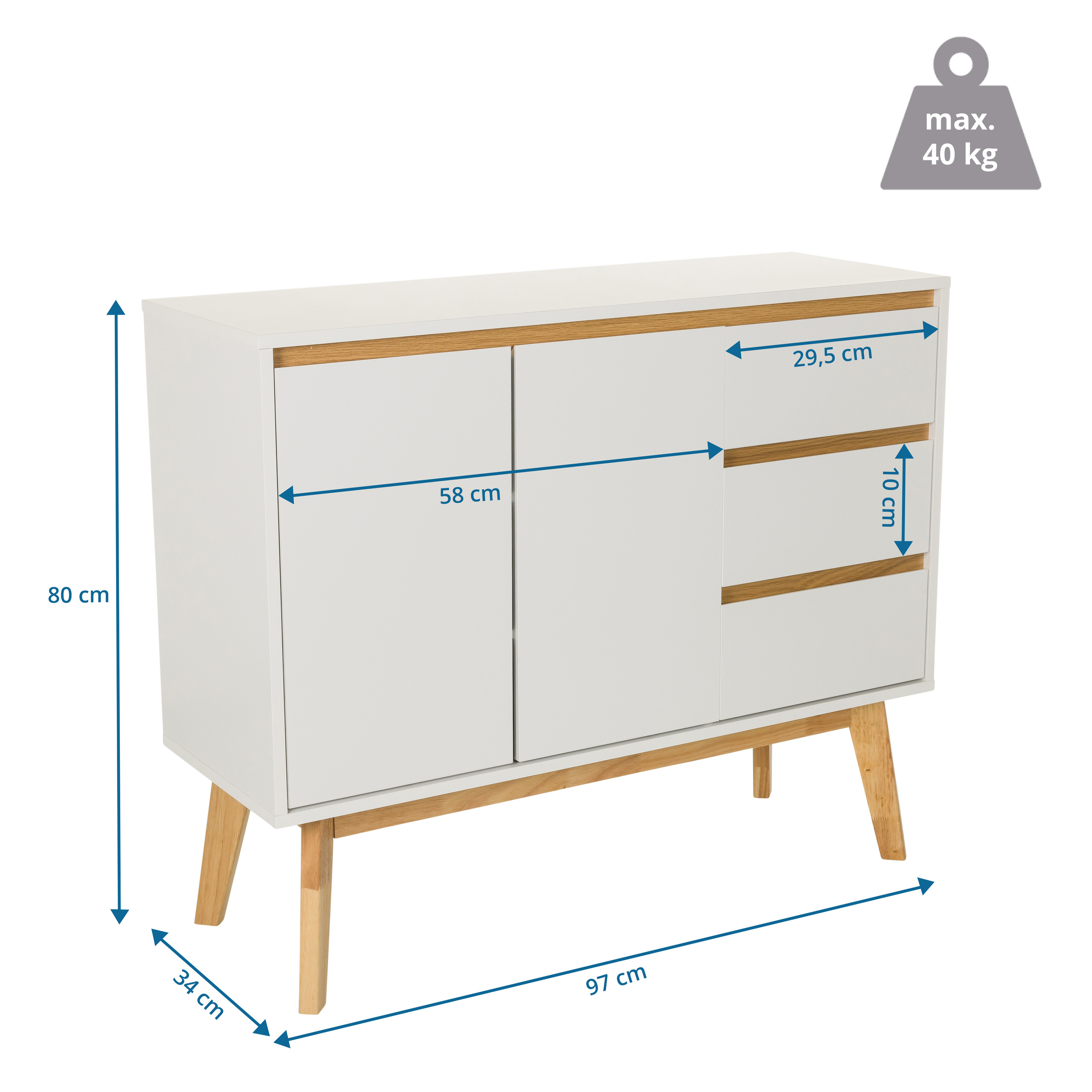 Weißer Schrank mit Abmessungen und einem max. Gewicht von 40 kg.