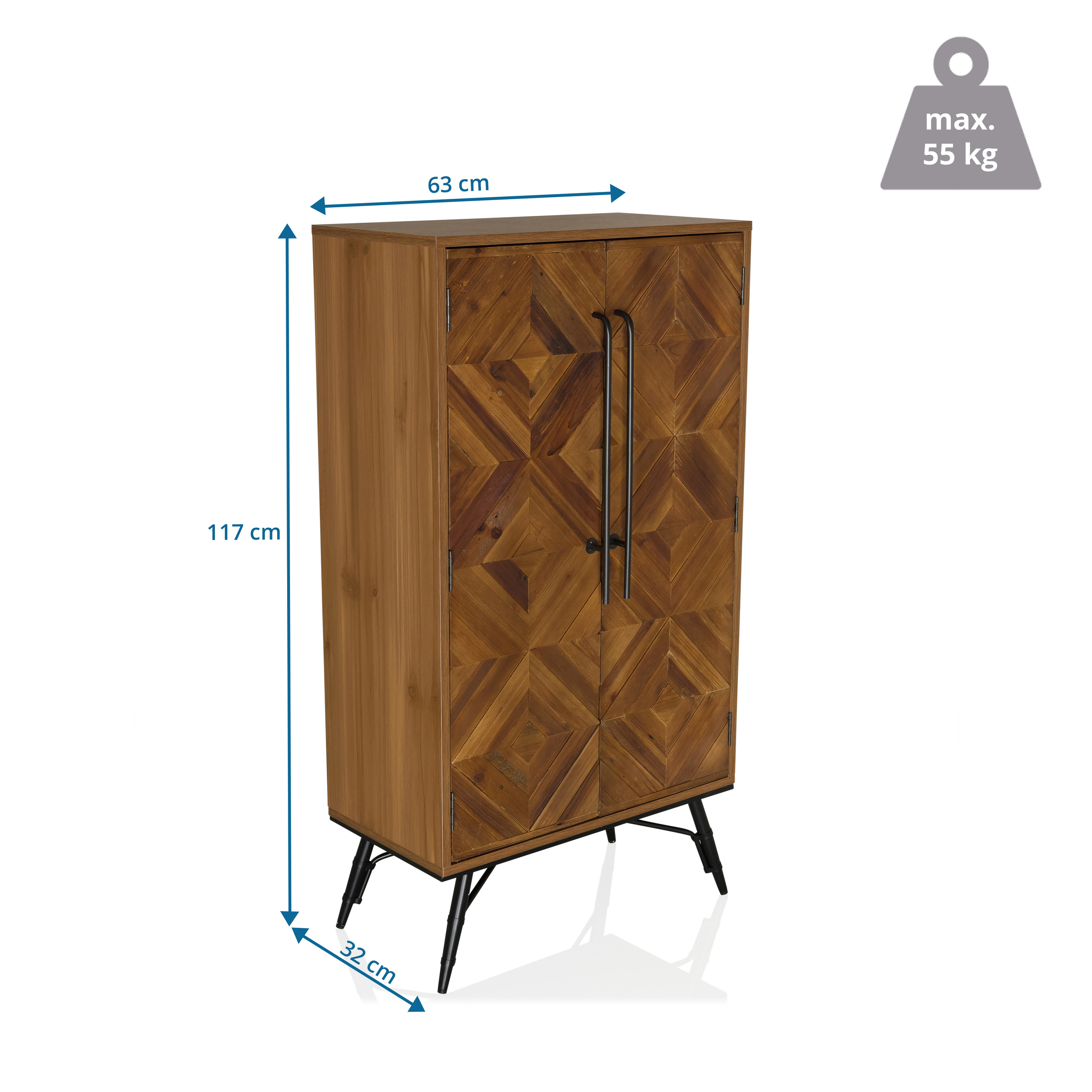 Ein Holzschrank mit zwei Türen und schwarzen Beinen, Abmessungen angegeben.