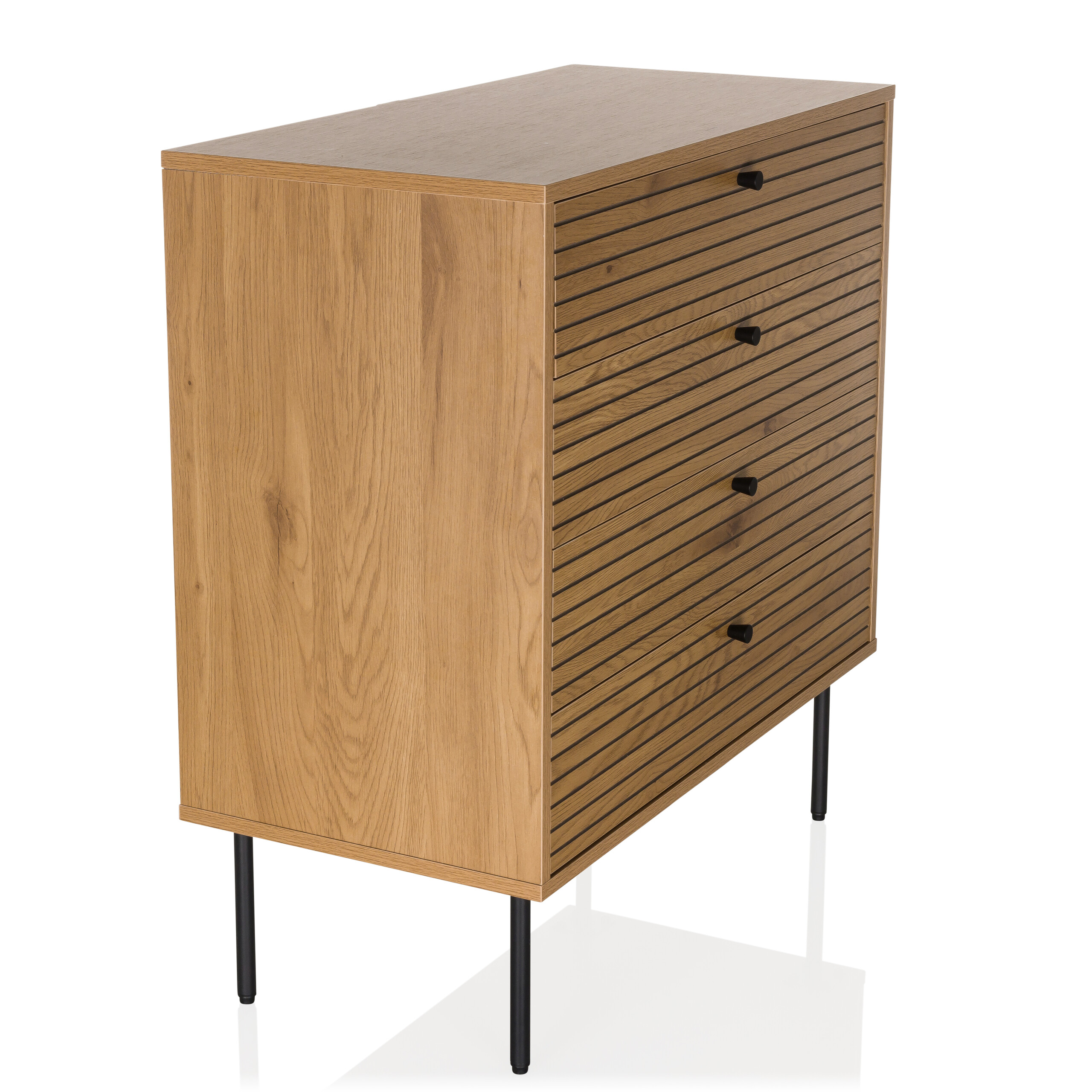 Eine Holzkommode mit drei Schubladen und schwarzen Beinen.