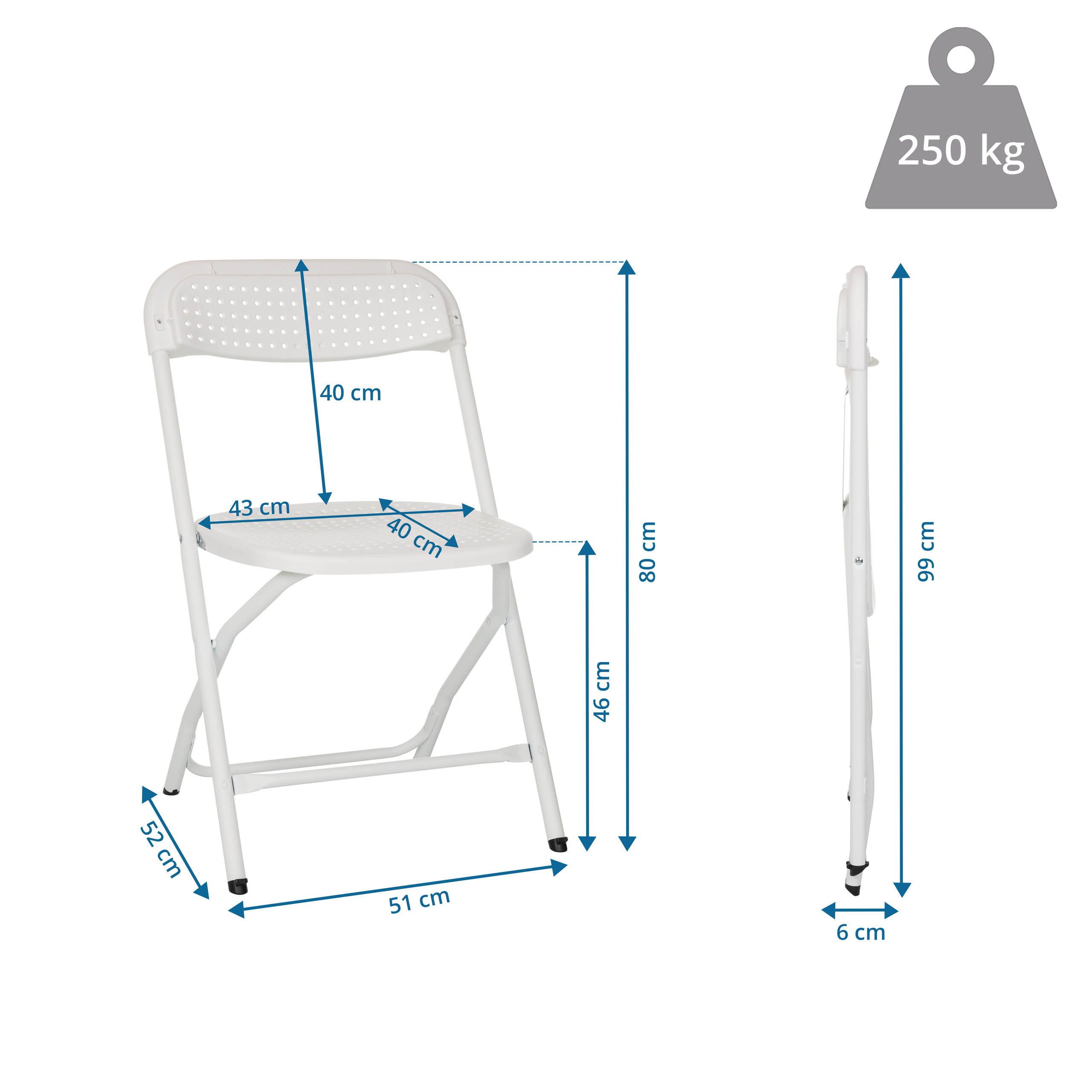 Diagramm, das einen weißen Klappstuhl mit Abmessungen und beschrifteten Teilen zeigt.