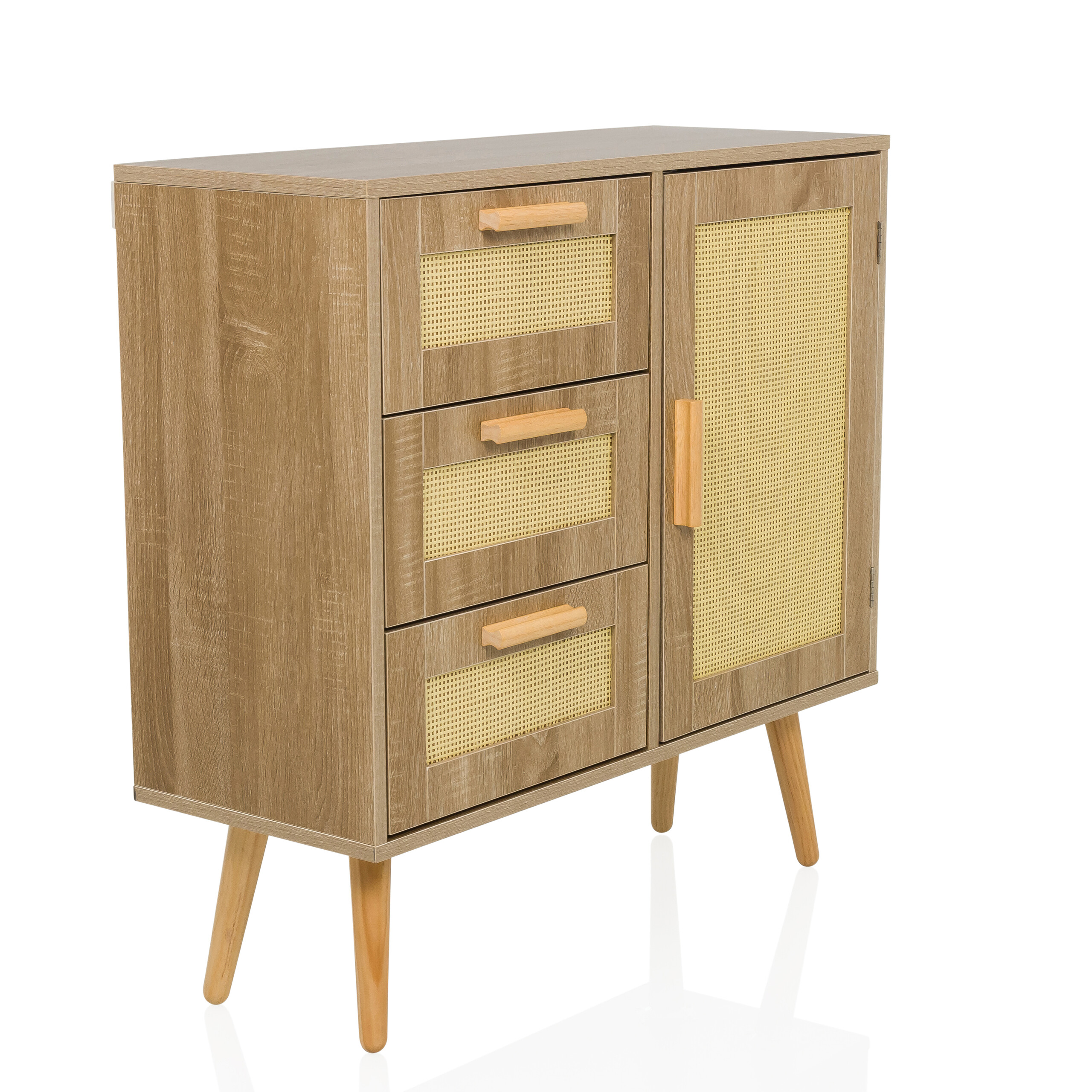 Holzschrank mit drei Schubladen und einer Tür mit gewebtem Detail, auf weißem Hintergrund.