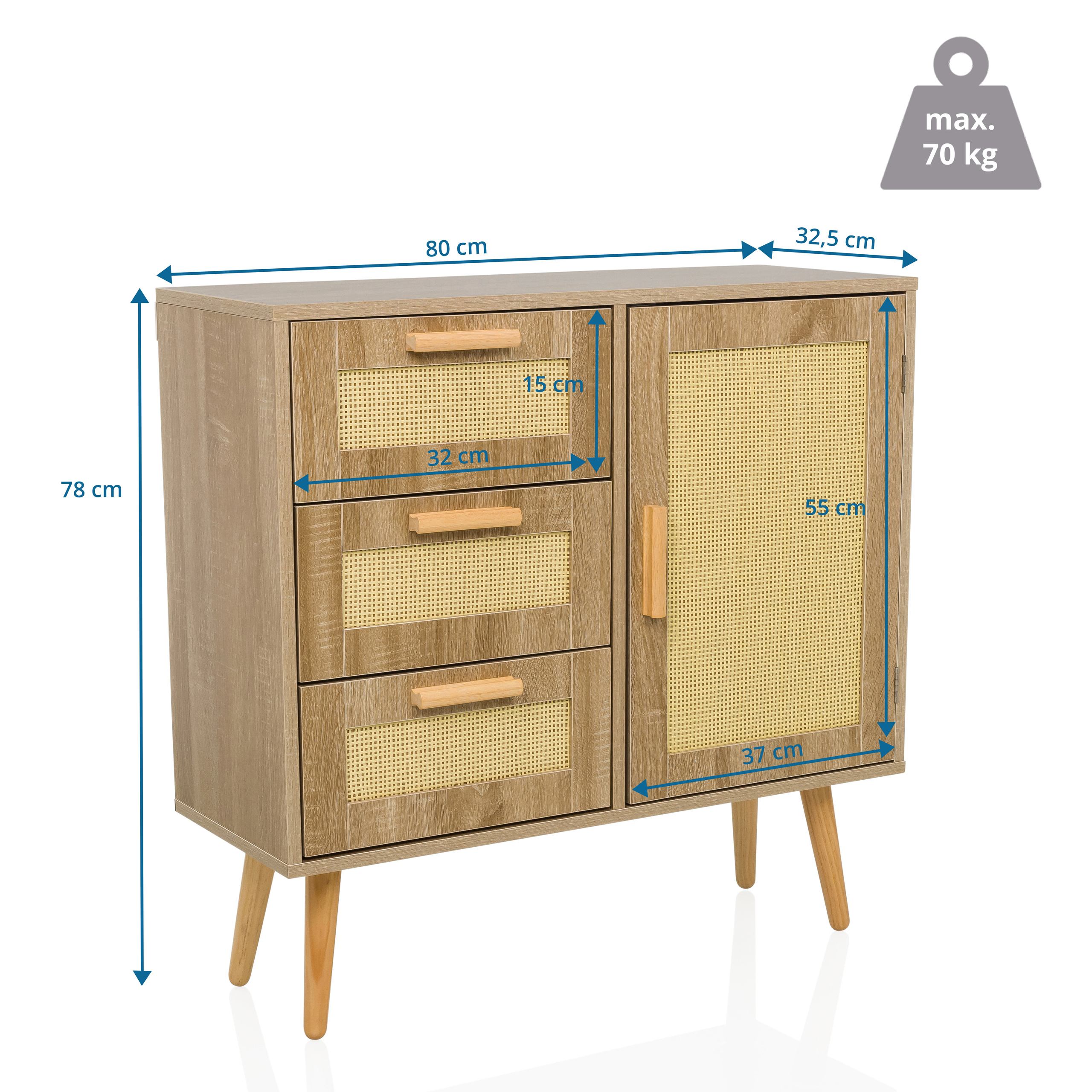 Ein Holzschrank mit drei Schubladen und einer Tür. Abmessungen werden angezeigt.