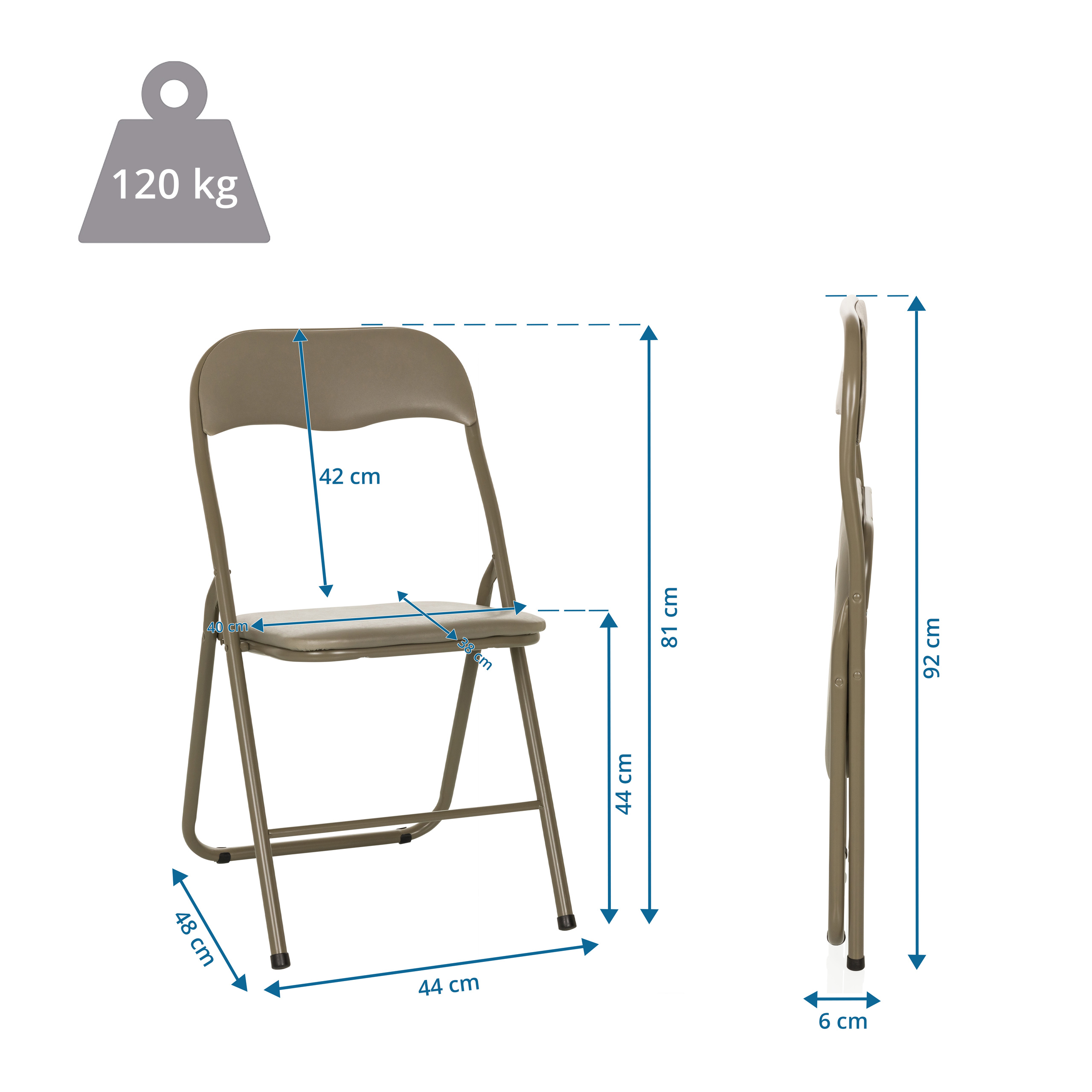 Klappstuhl, Maße sind angegeben. Es ist ein brauner Stuhl, Maße in cm, mit einem Gewicht von 120 kg.