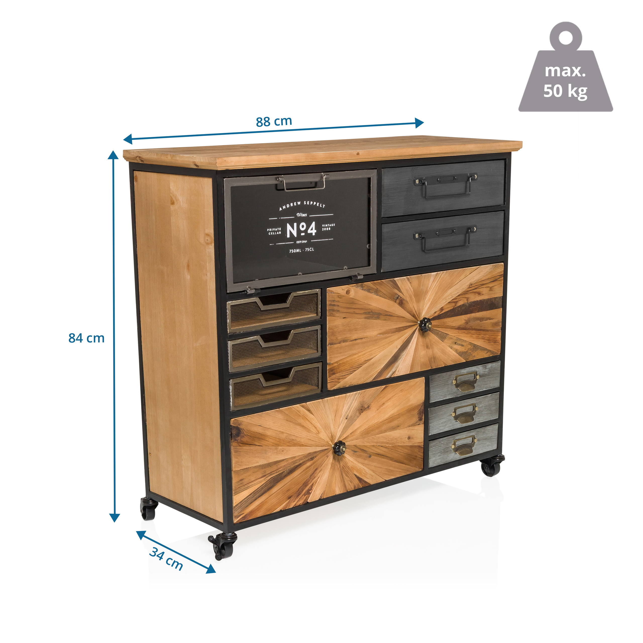 Ein Holzschrank mit offenen und geschlossenen Schubladen. Abmessungen sind angegeben. Das Gewicht beträgt max. 50 kg.