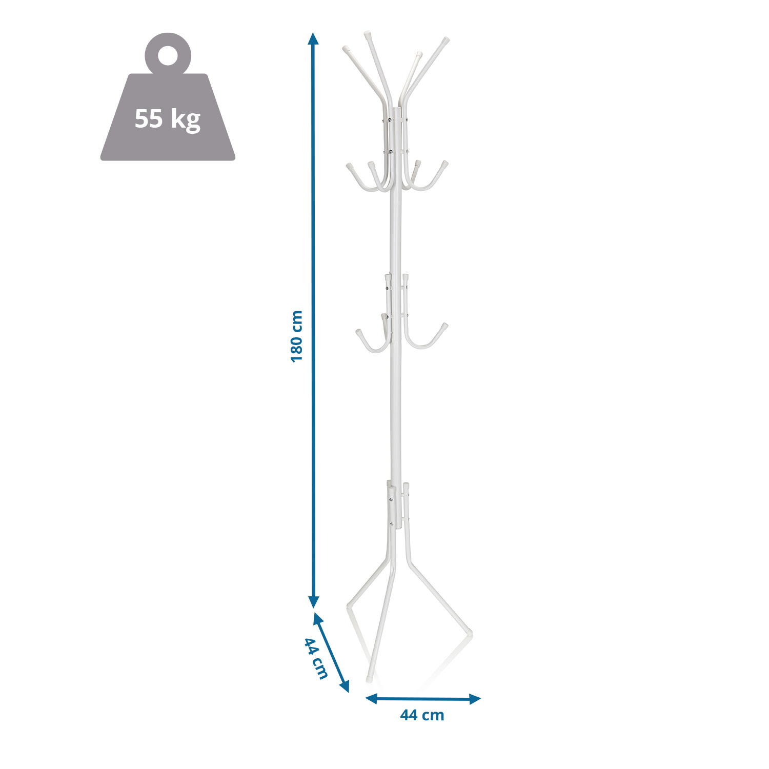 Weißer Garderobenständer mit 10 Haken und Abmessungen: 180x44x44 cm, 55 kg.