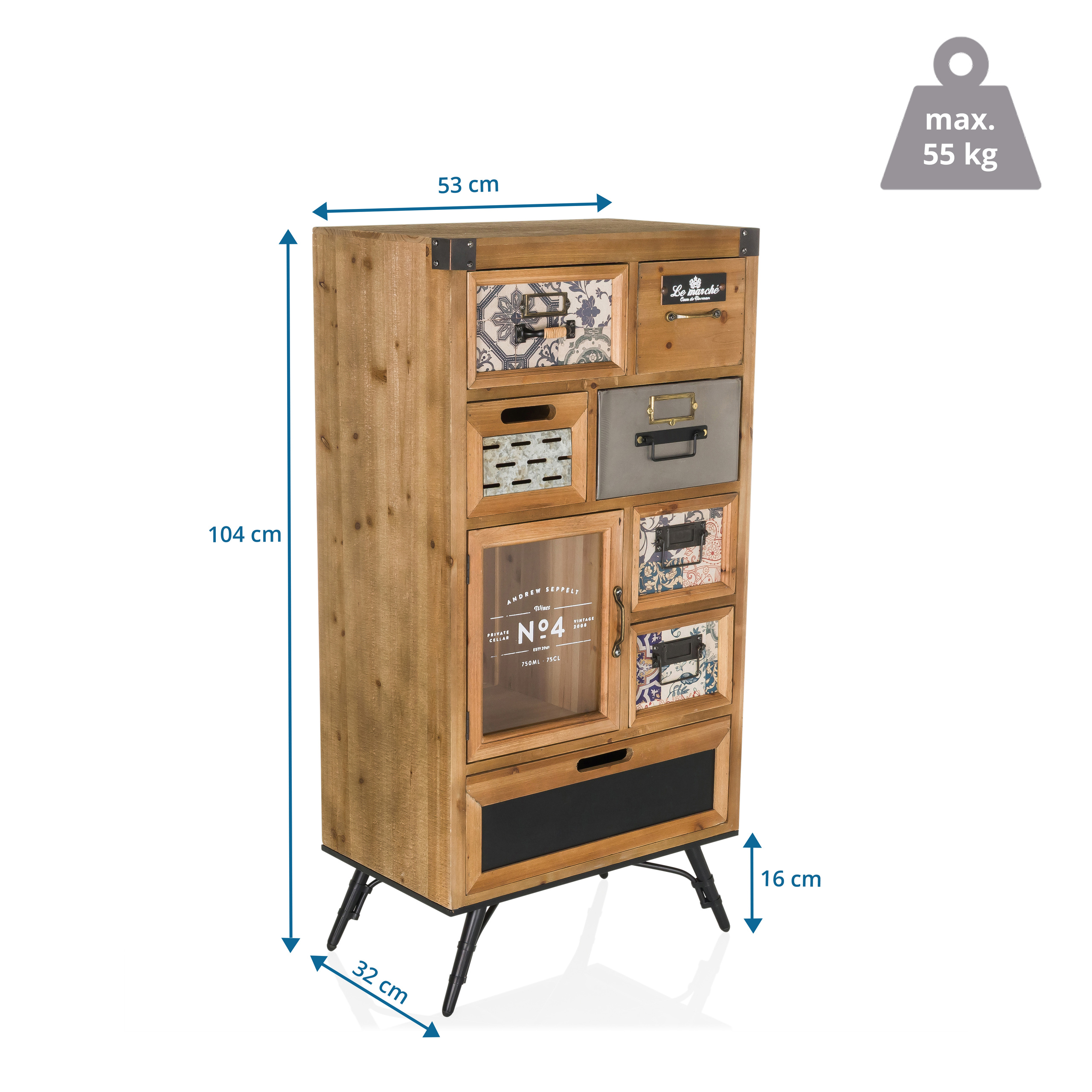Holzschrank mit Schubladen, Abmessungen und Gewichtsbeschränkung.
