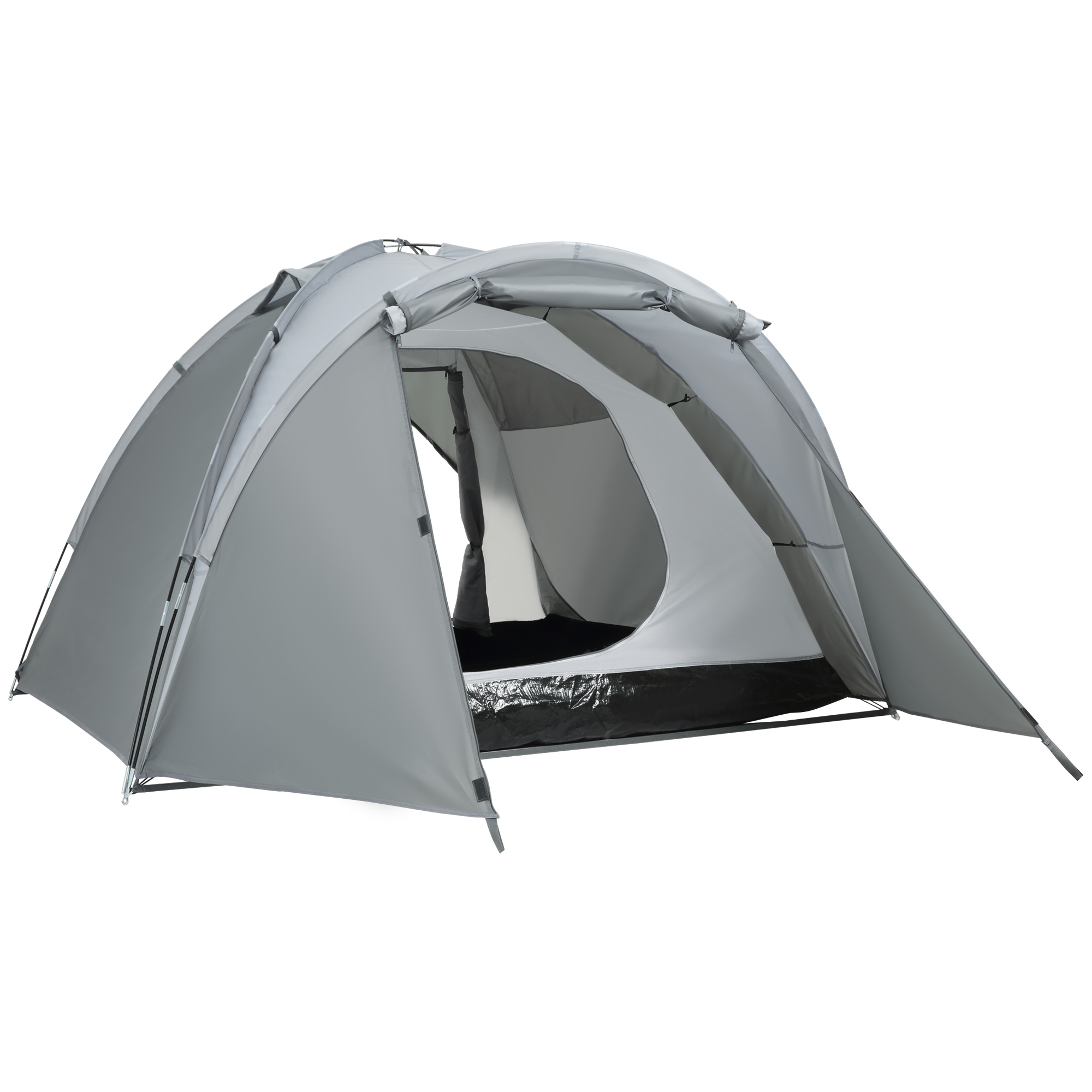Graues Campingzelt mit offenem Eingang. Das Zelt steht vor weißem Hintergrund.