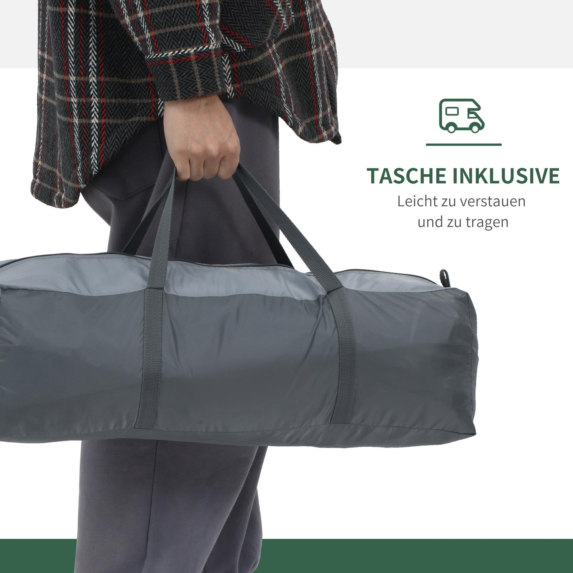 Person hält eine graue Zelt-Tasche. Text: leicht zu verstauen und zu tragen.